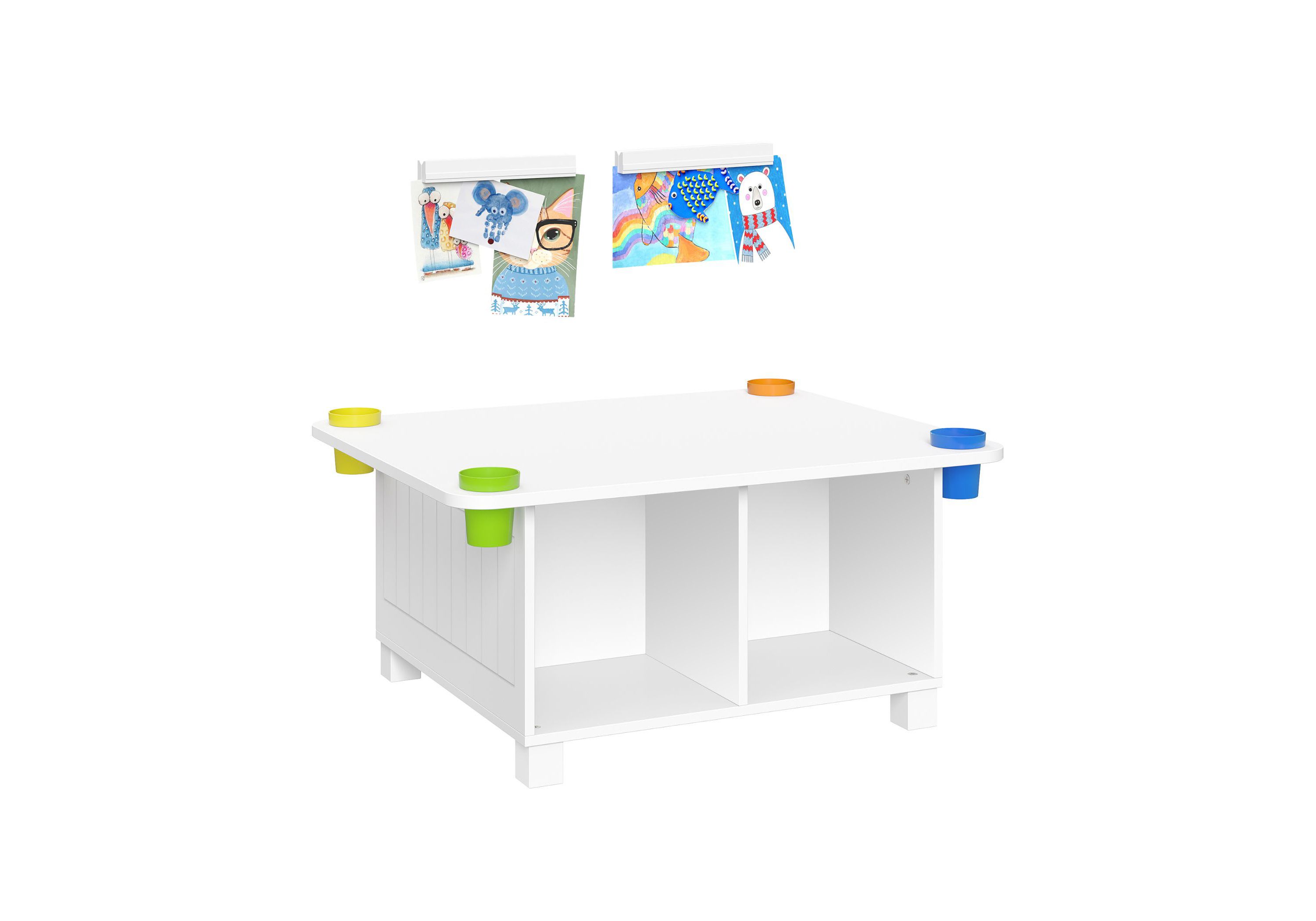 Kids Desk and Art Activity Table with 4 Storage Cubbies and 4 Removable Storage Cups - White with 2 Magnetic Art Display Bars