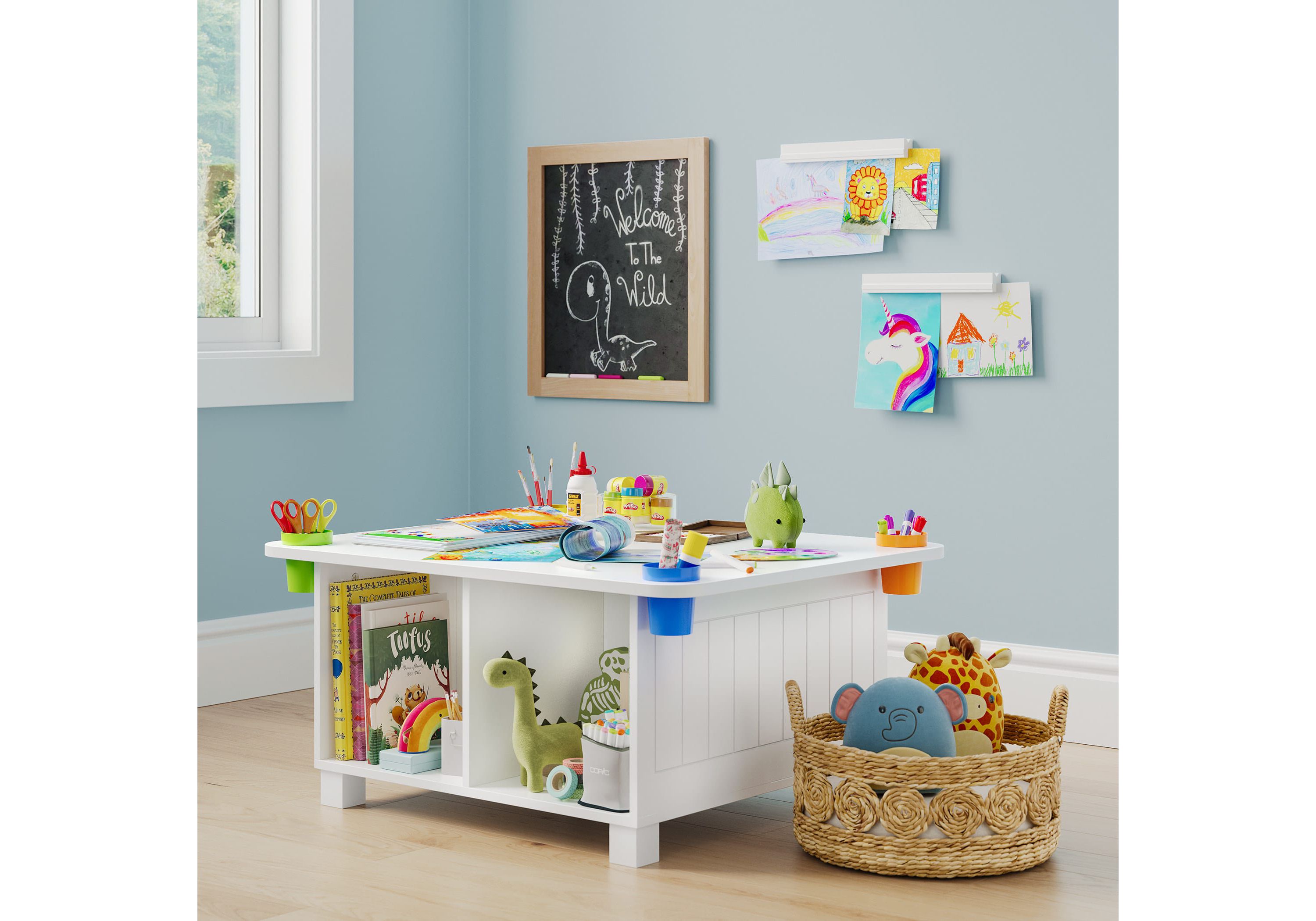 Kids Desk and Art Activity Table with 4 Storage Cubbies and 4 Removable Storage Cups - White with 2 Magnetic Art Display Bars