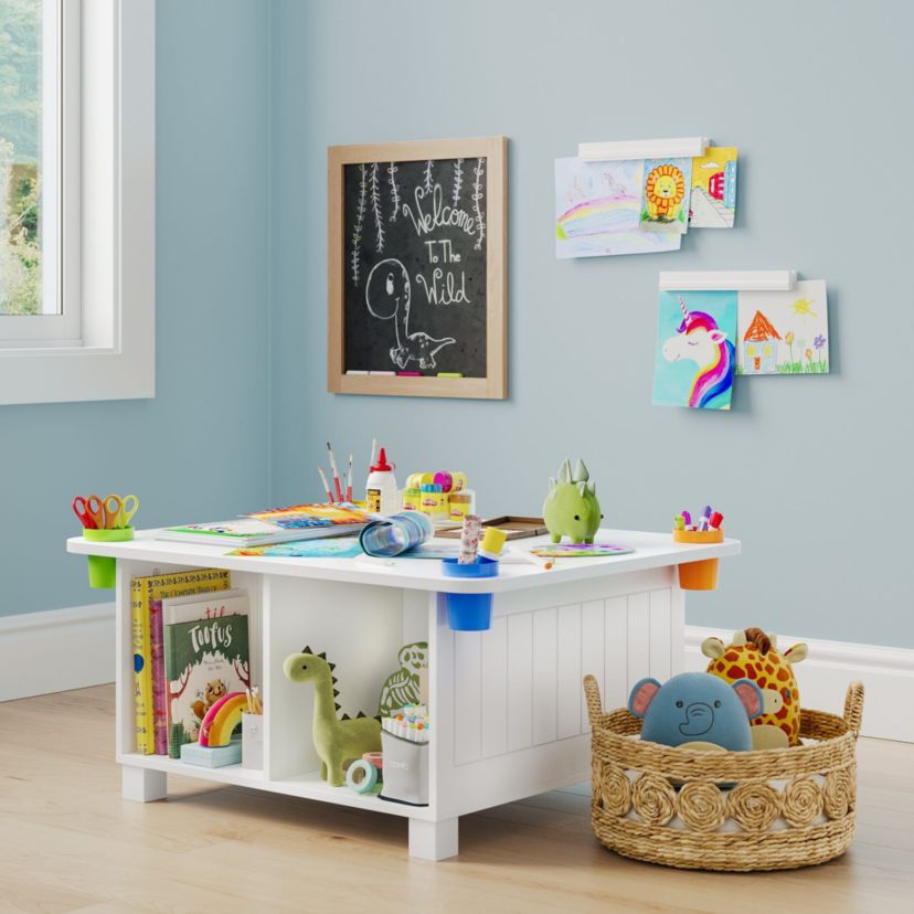 Kids Desk and Art Activity Table with 4 Storage Cubbies and 4 Removable Storage Cups - White with 2 Magnetic Art Display Bars