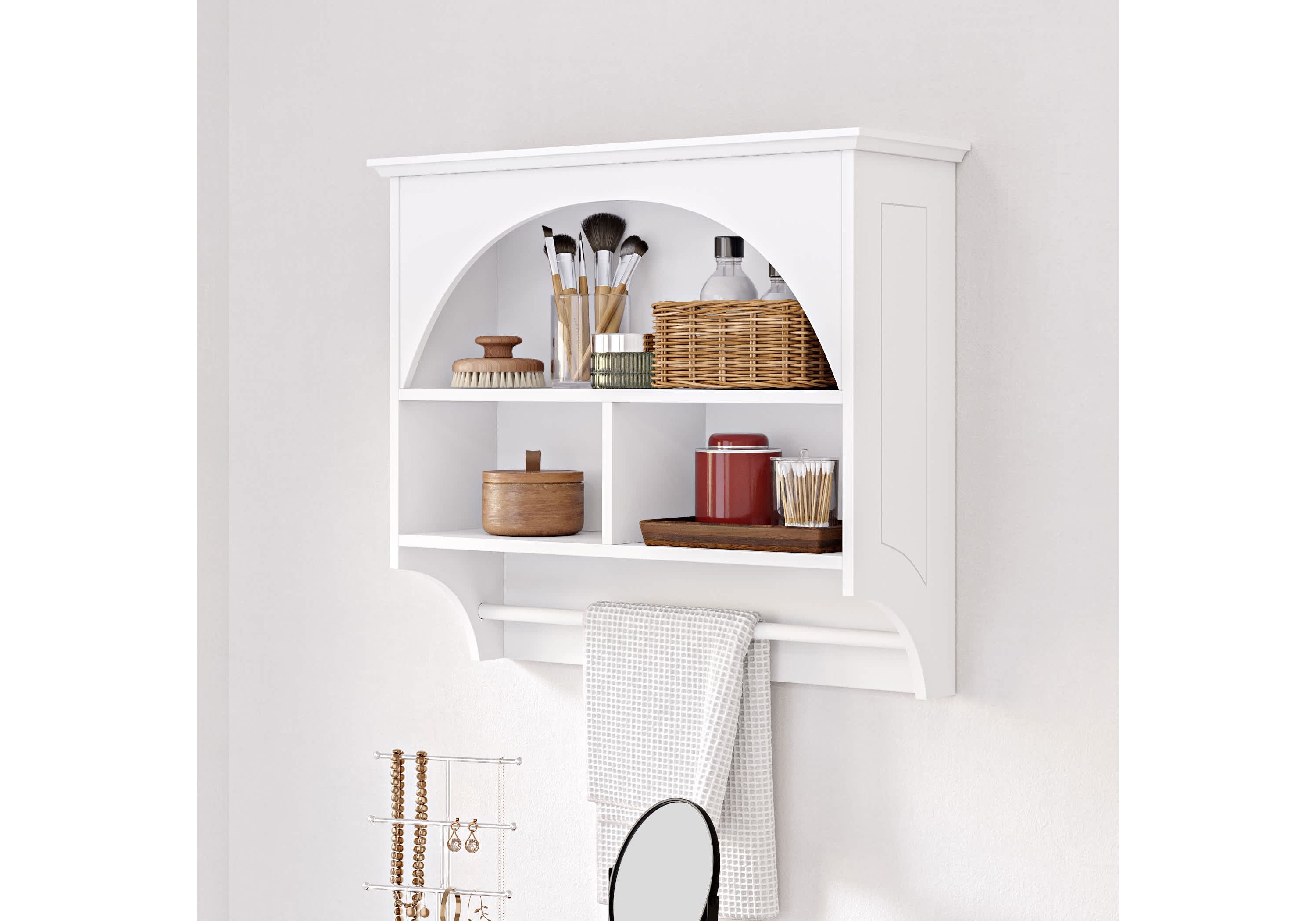 Bristol Bathroom and Laundry Arch Wall Mount Storage Medicine Cabinet Shelf with Towel Storage - White
