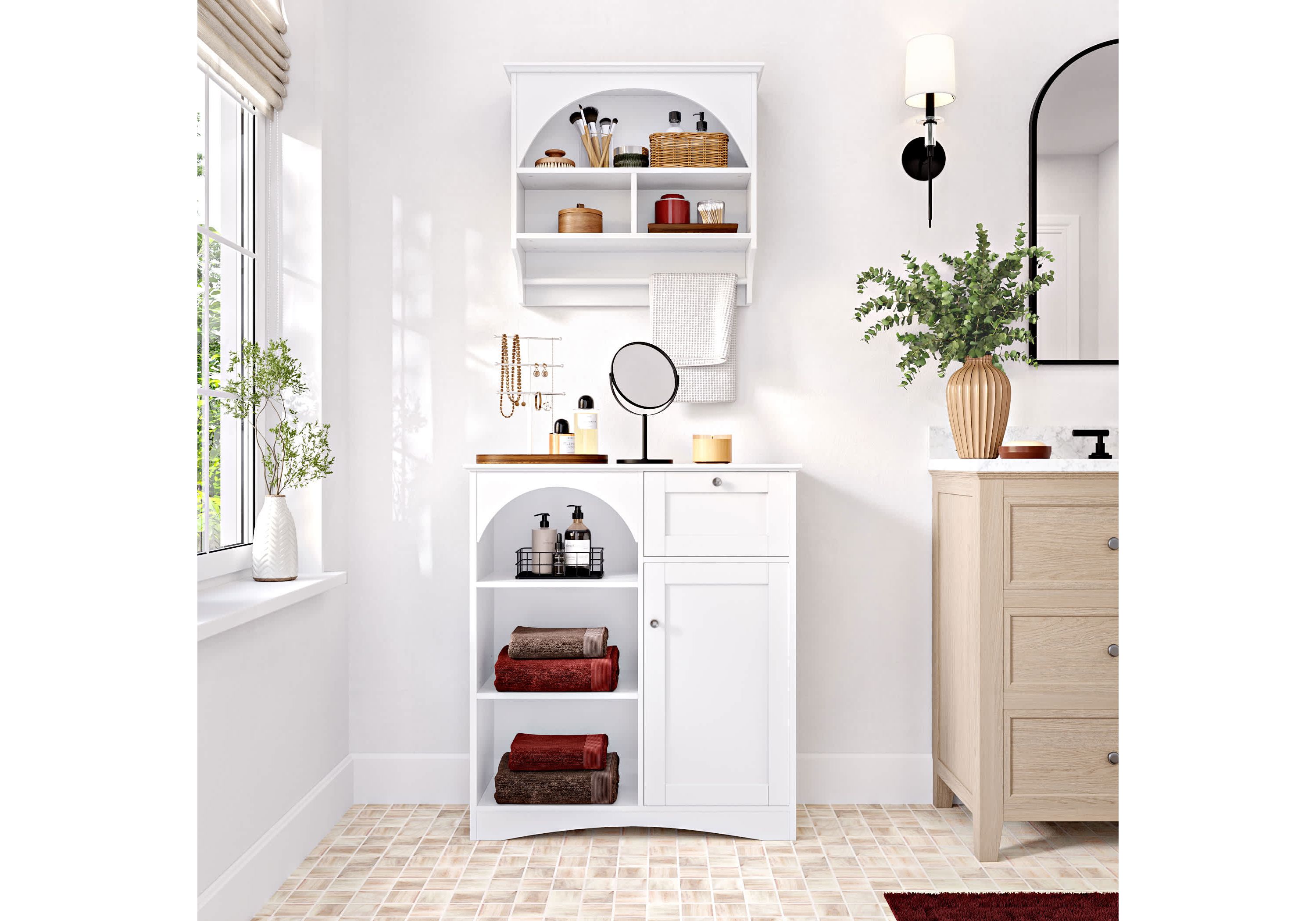 Bristol Bathroom and Laundry Arch Wall Mount Storage Medicine Cabinet Shelf with Towel Storage - White
