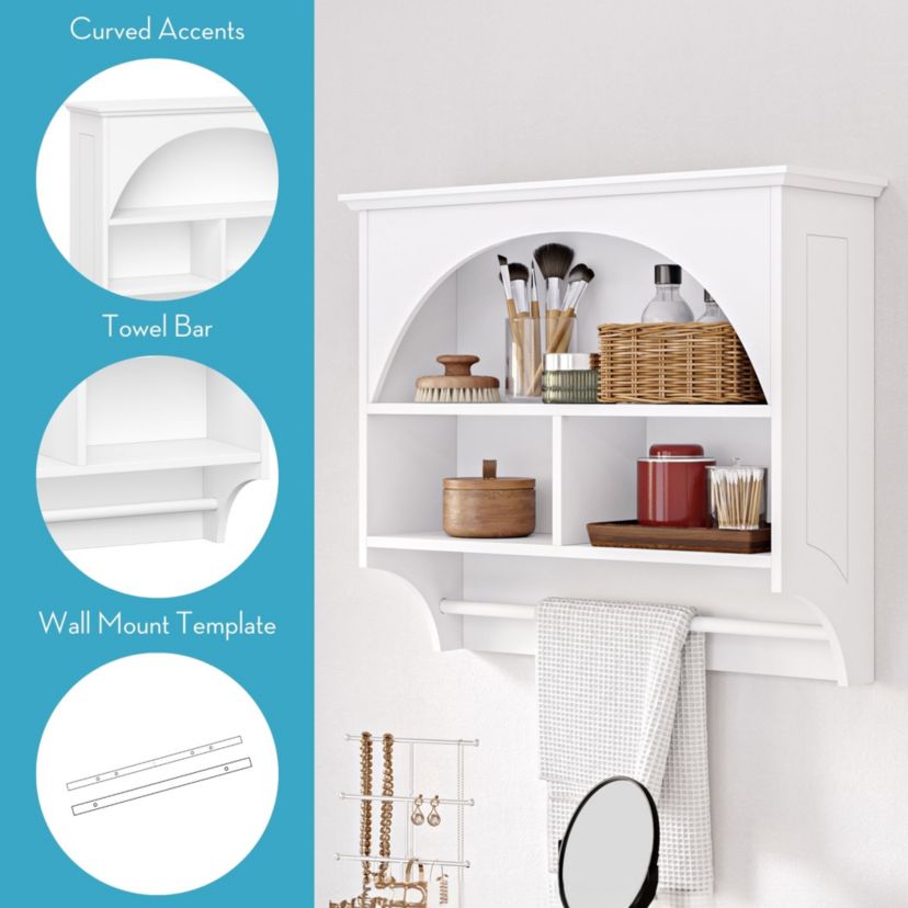 Bristol Bathroom and Laundry Arch Wall Mount Storage Medicine Cabinet Shelf with Towel Storage - White
