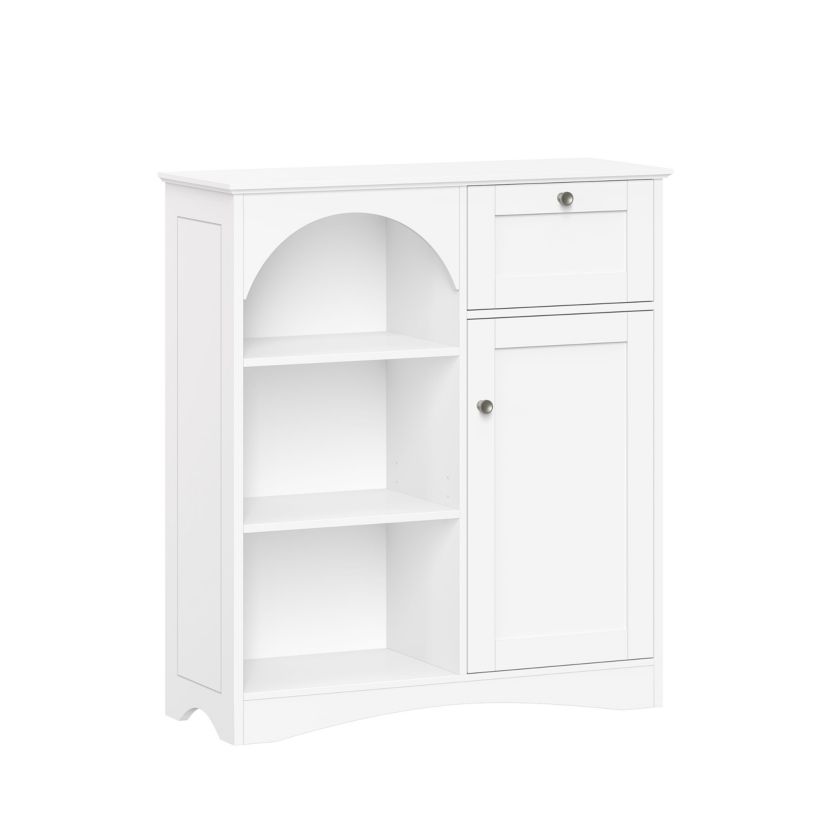 Bristol Single Door Arched Bathroom and Laundry Storage Linen Cabinet with 1 Drawer, Open and Adjustable Bathroom Shelves - White