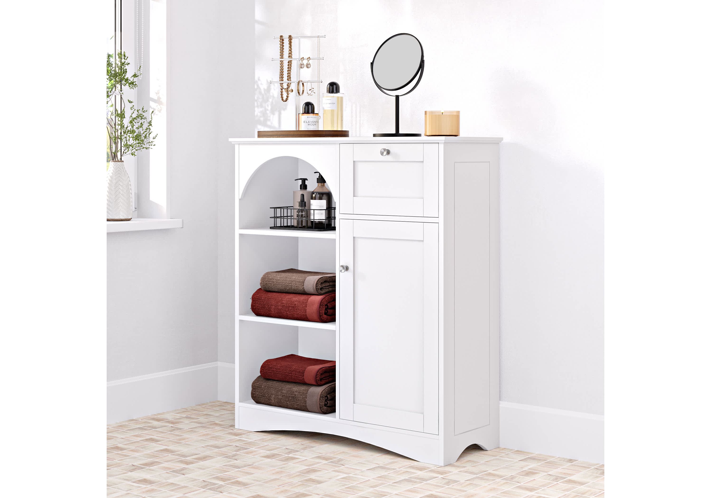Bristol Single Door Arched Bathroom and Laundry Storage Linen Cabinet with 1 Drawer, Open and Adjustable Bathroom Shelves - White