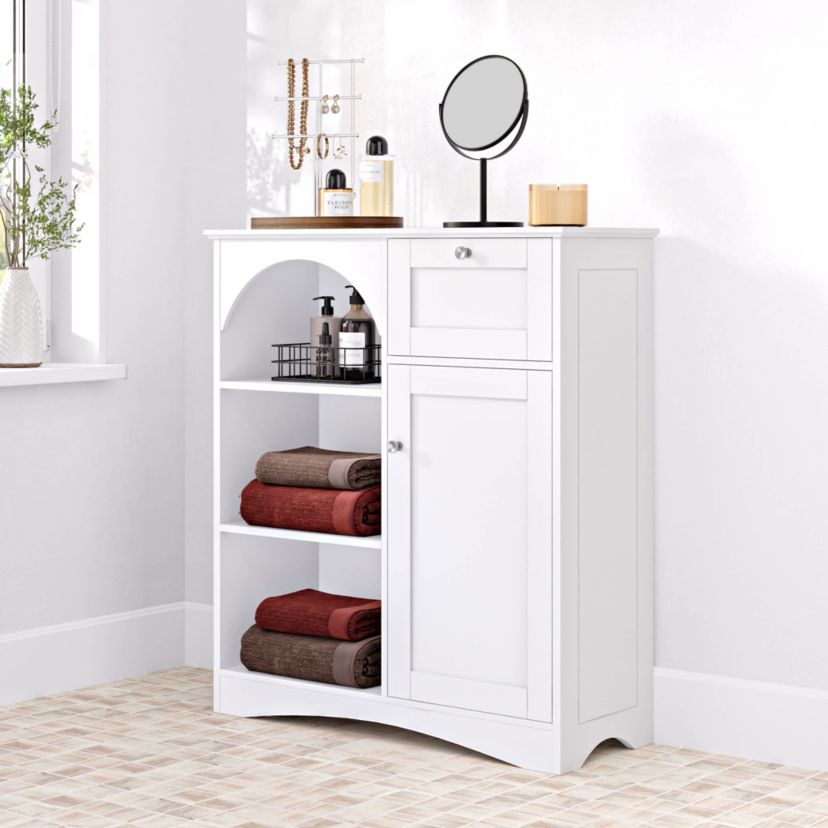 Bristol Single Door Arched Bathroom and Laundry Storage Linen Cabinet with 1 Drawer, Open and Adjustable Bathroom Shelves - White
