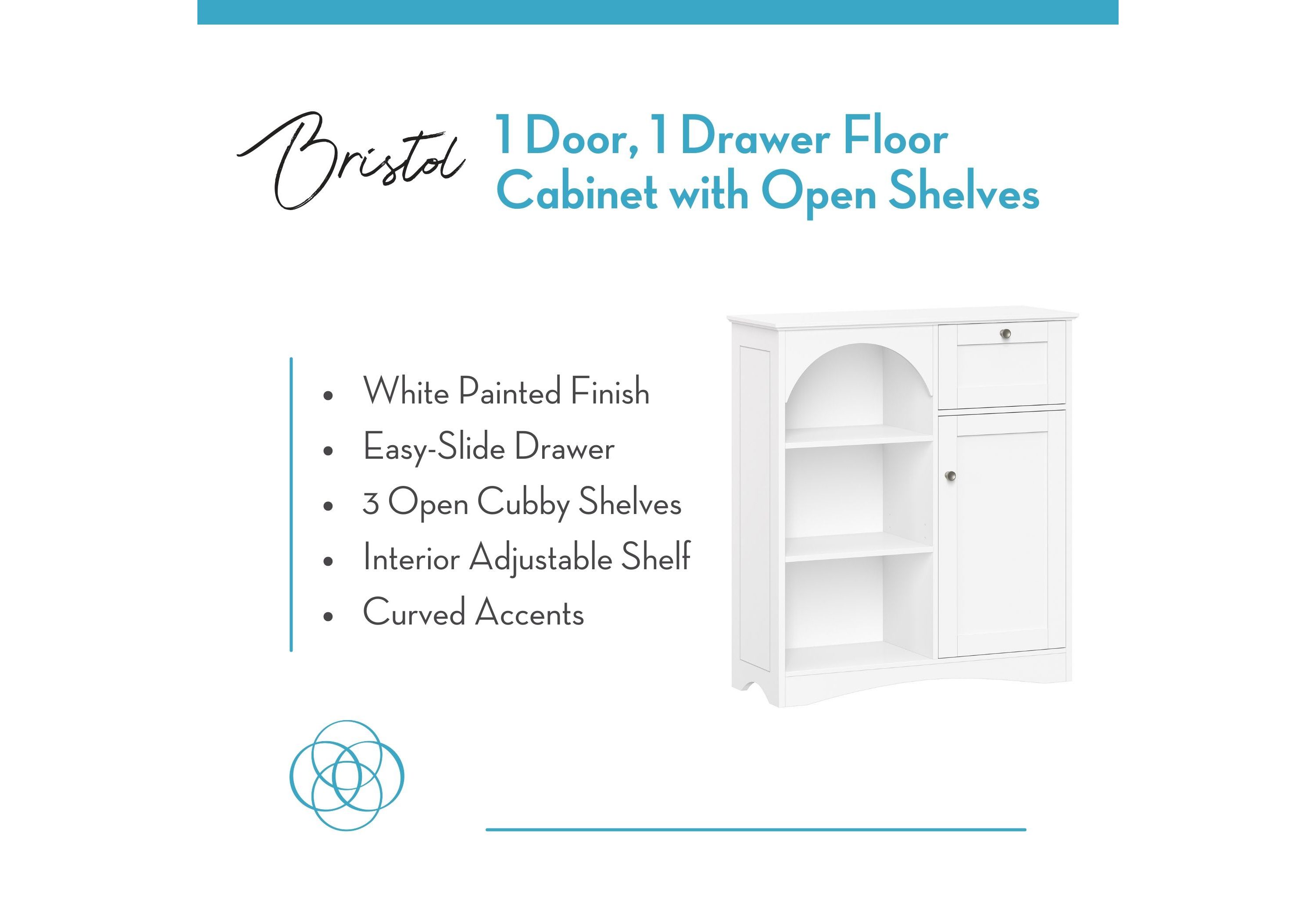 Bristol Single Door Arched Bathroom and Laundry Storage Linen Cabinet with 1 Drawer, Open and Adjustable Bathroom Shelves - White