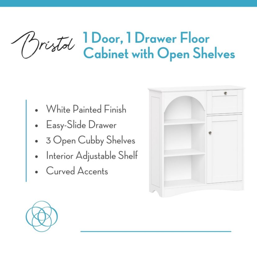 Bristol Single Door Arched Bathroom and Laundry Storage Linen Cabinet with 1 Drawer, Open and Adjustable Bathroom Shelves - White