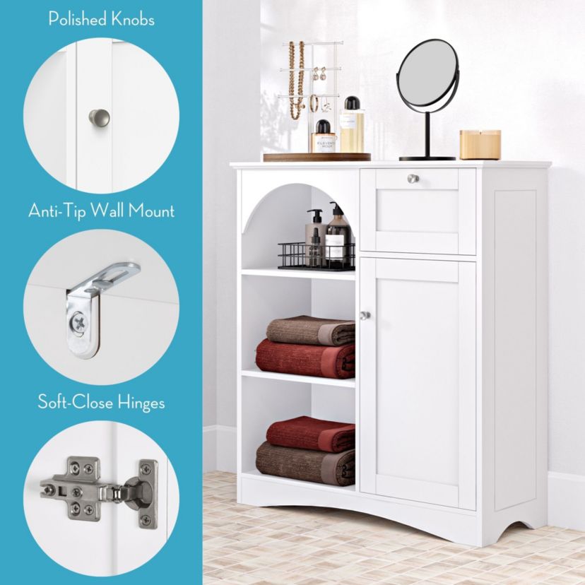 Bristol Single Door Arched Bathroom and Laundry Storage Linen Cabinet with 1 Drawer, Open and Adjustable Bathroom Shelves - White