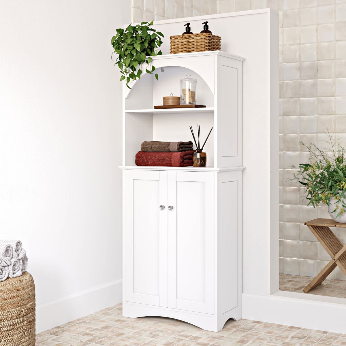 Bristol Arched Tall Bathroom Storage Linen Cabinet and Organizer with Open Bathroom Shelves - White