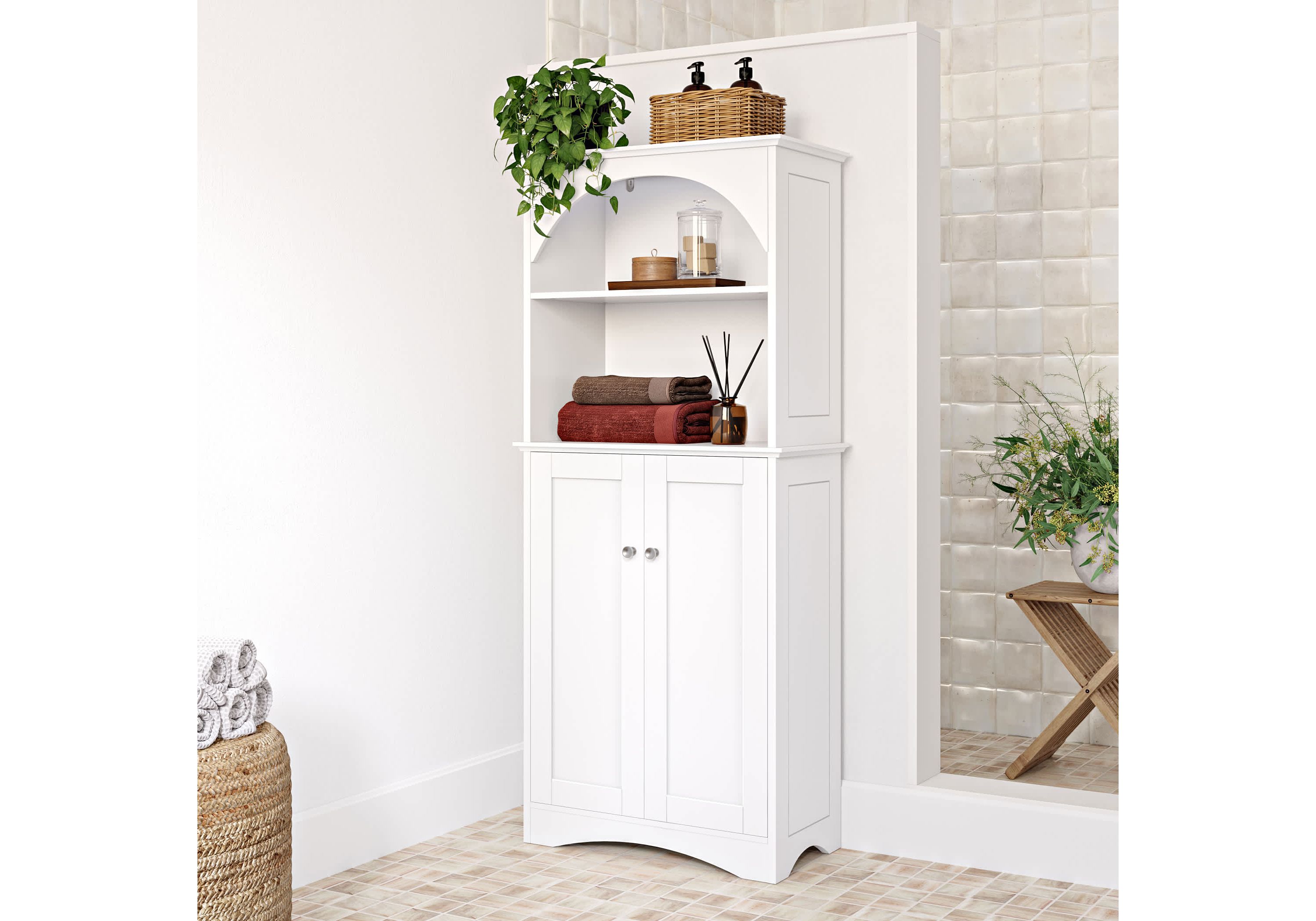Bristol Arched Tall Bathroom Storage Linen Cabinet and Organizer with Open Bathroom Shelves - White