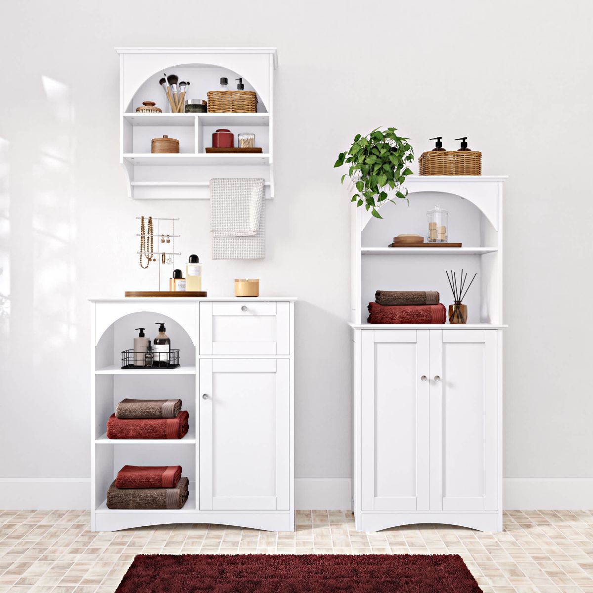 Bristol Arched Tall Bathroom Storage Linen Cabinet and Organizer with Open Bathroom Shelves - White