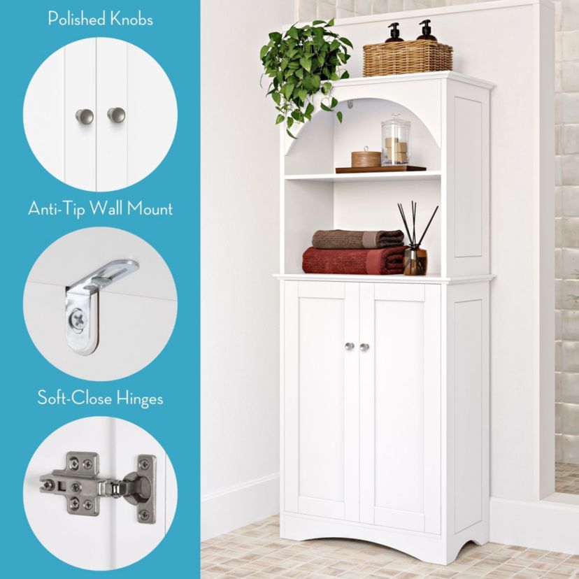 Bristol Arched Tall Bathroom Storage Linen Cabinet and Organizer with Open Bathroom Shelves - White