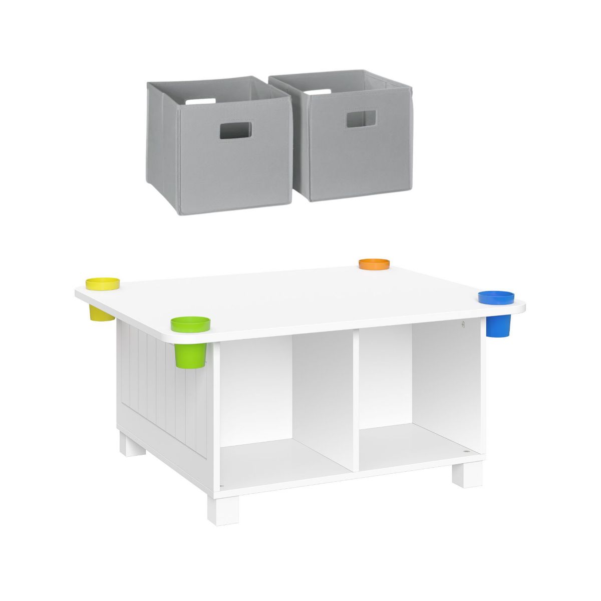 Kids Desk and Art Activity Table with 4 Storage Cubbies and 4 Removable Storage Cups - White with 2 Taupe Fabric Bins
