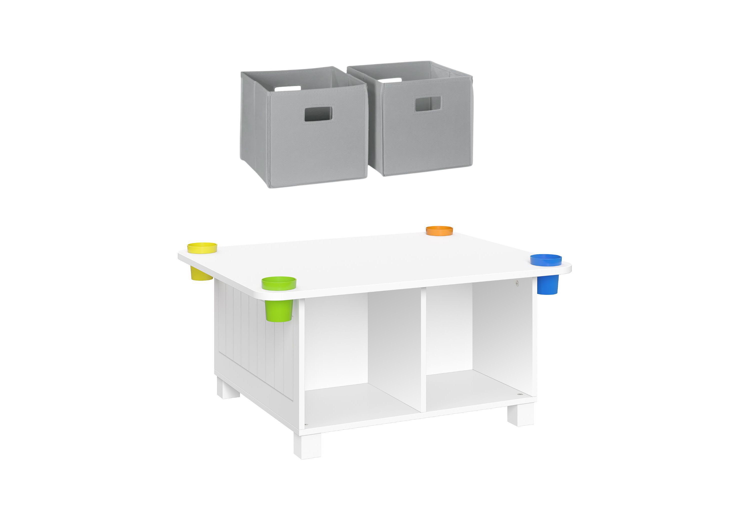Kids Desk and Art Activity Table with 4 Storage Cubbies and 4 Removable Storage Cups - White with 2 Taupe Fabric Bins