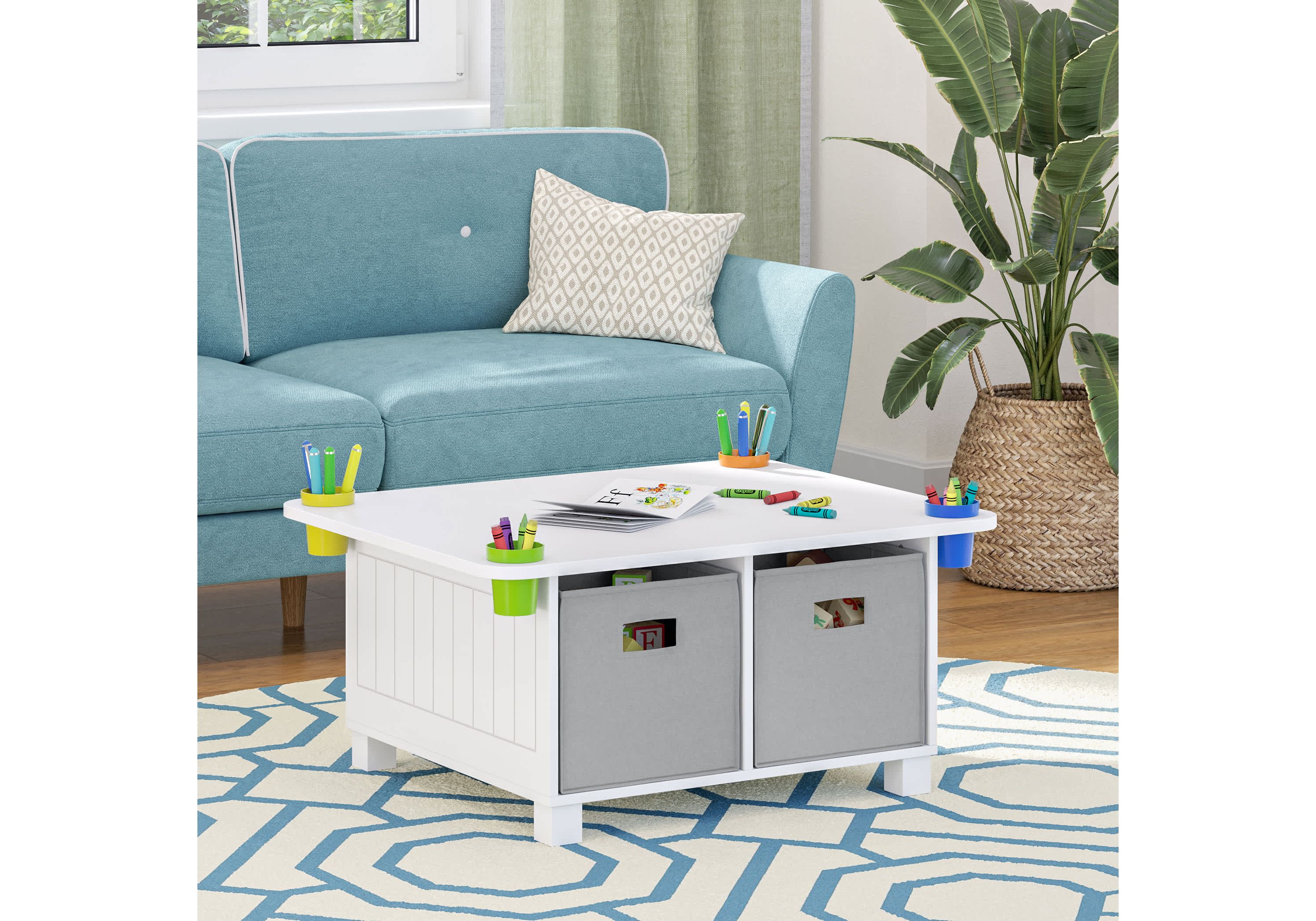 Kids Desk and Art Activity Table with 4 Storage Cubbies and 4 Removable Storage Cups - White with 2 Taupe Fabric Bins