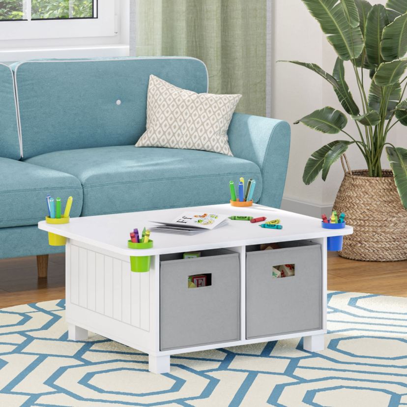Kids Desk and Art Activity Table with 4 Storage Cubbies and 4 Removable Storage Cups - White with 2 Taupe Fabric Bins
