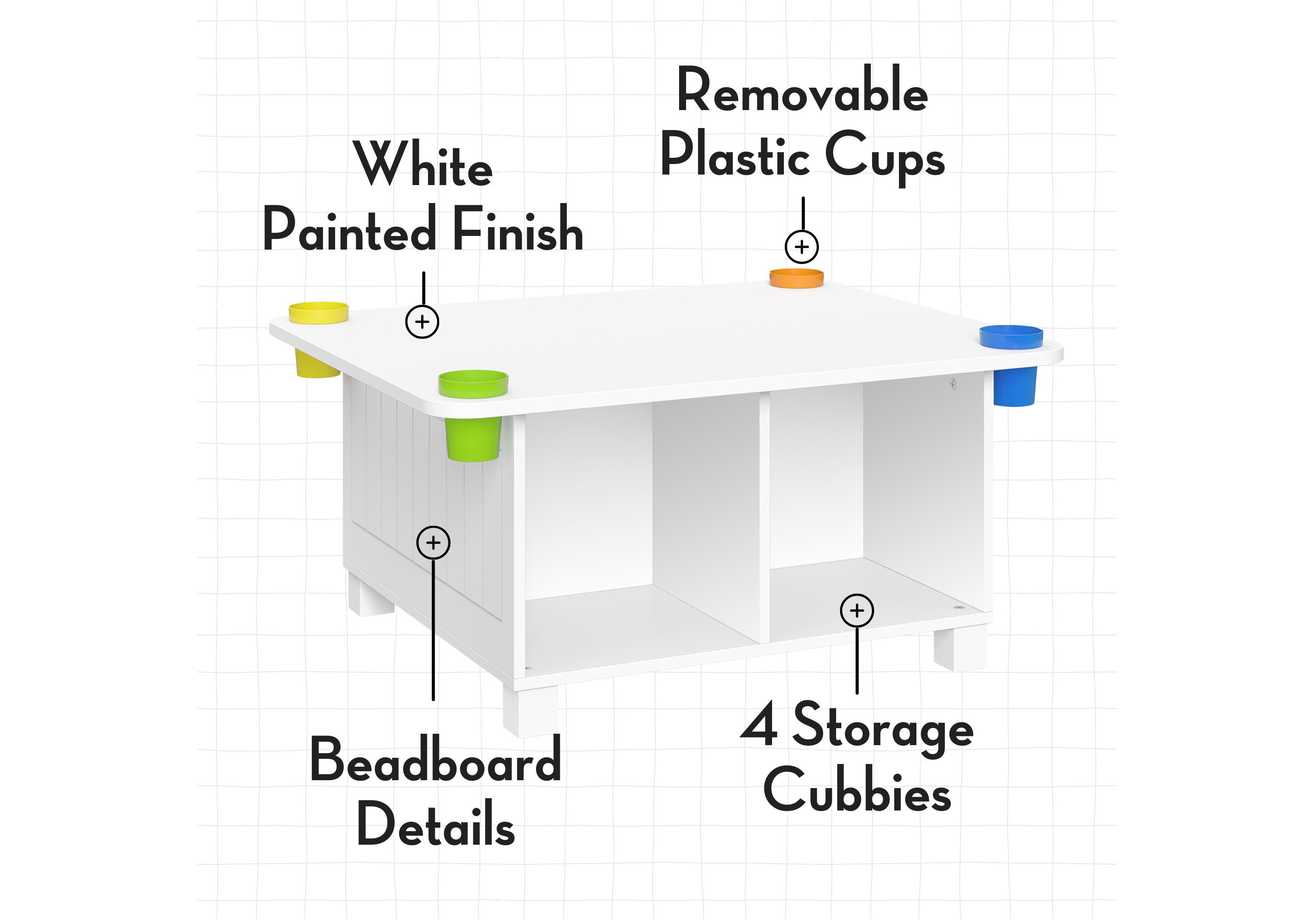 Kids Desk and Art Activity Table with 4 Storage Cubbies and 4 Removable Storage Cups - White with 2 Taupe Fabric Bins