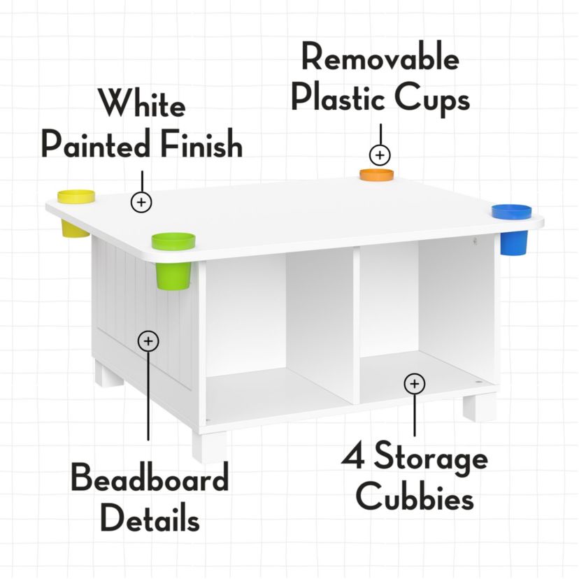 Kids Desk and Art Activity Table with 4 Storage Cubbies and 4 Removable Storage Cups - White with 2 Taupe Fabric Bins