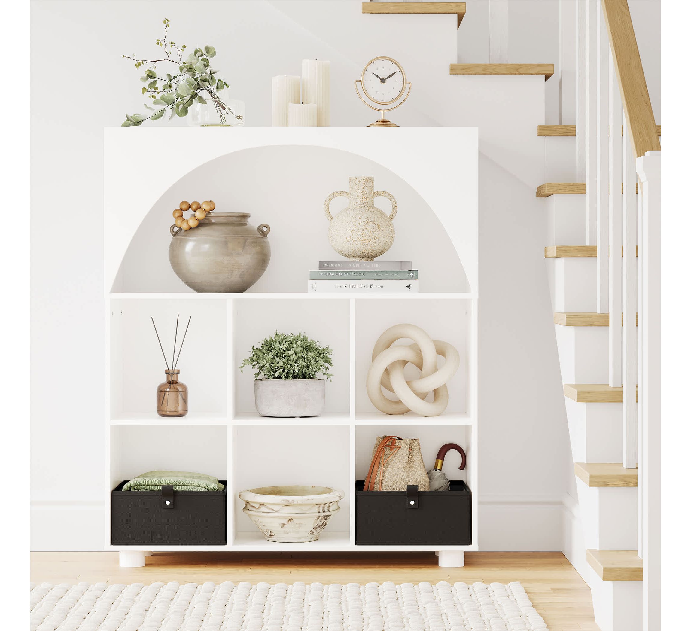 Arched 35" 6 Cubby Entryway Shoe Rack Storage Organizer Cabinet with Shelves - White