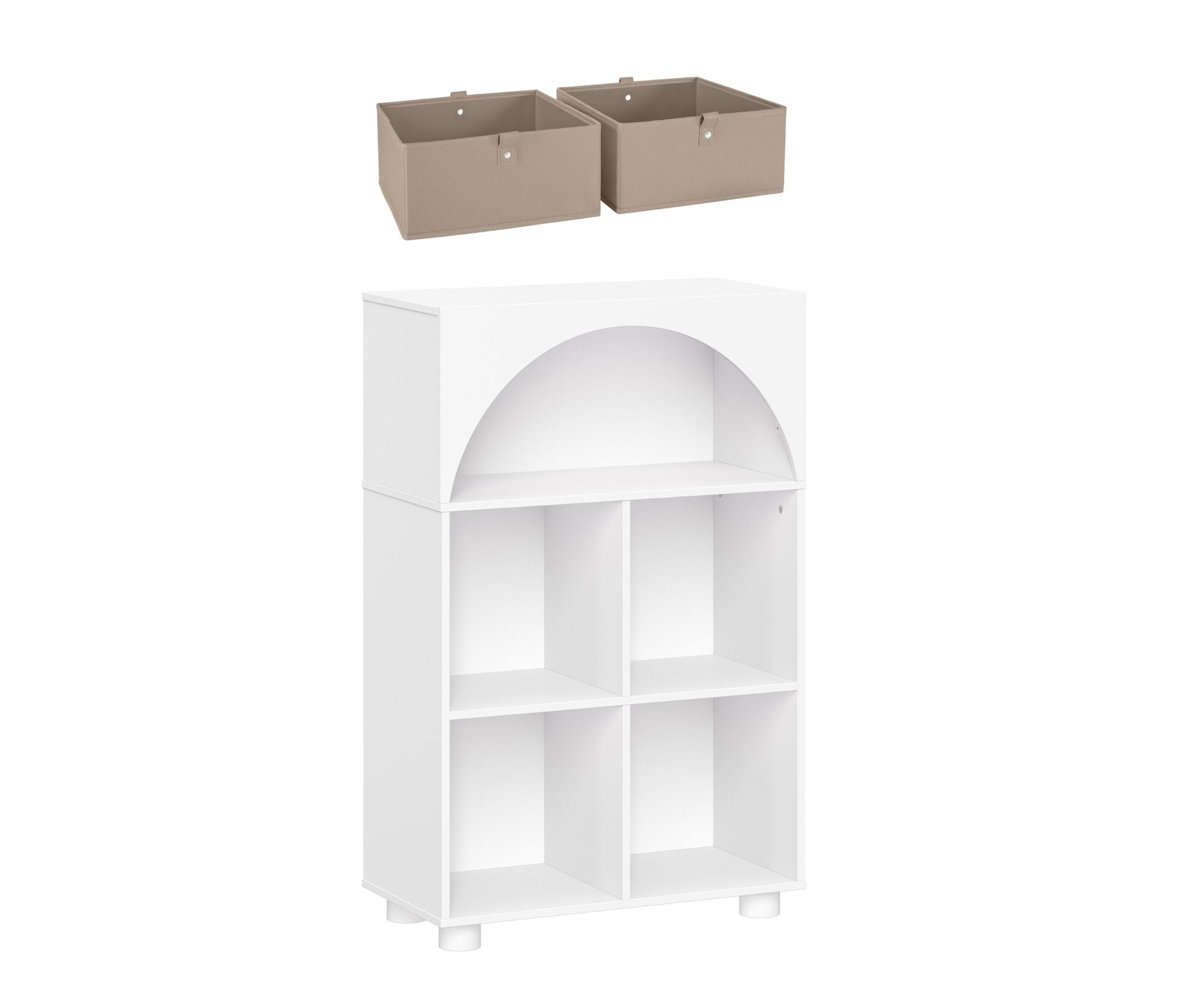 Arched 23" 4 Cubby Entryway Shoe Rack Storage Organizer Cabinet with Shelves - White with 2 Black 5" Fabric Bins