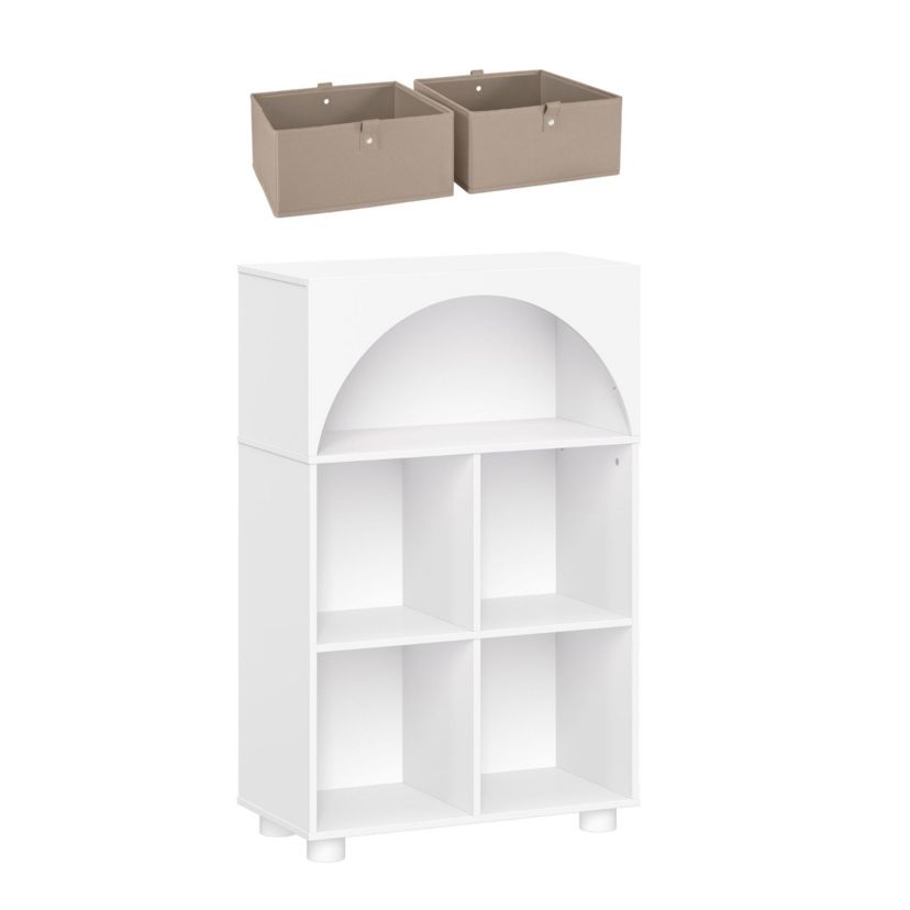 Arched 23" 4 Cubby Entryway Shoe Rack Storage Organizer Cabinet with Shelves - White with 2 Black 5" Fabric Bins