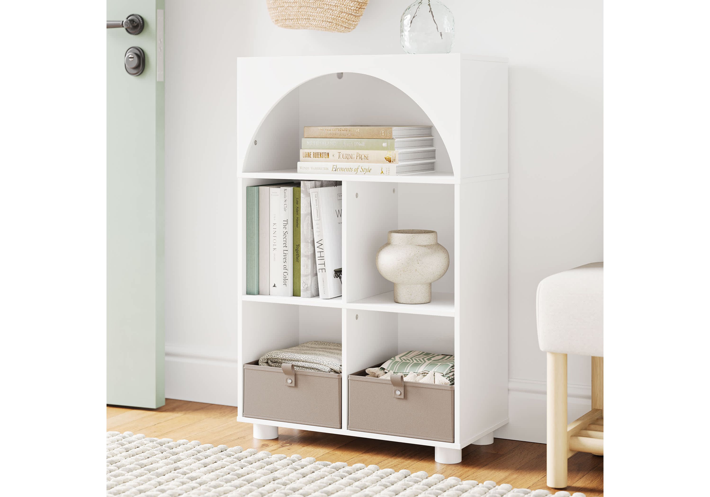 Arched 23" 4 Cubby Entryway Shoe Rack Storage Organizer Cabinet with Shelves - White with 2 Black 5" Fabric Bins