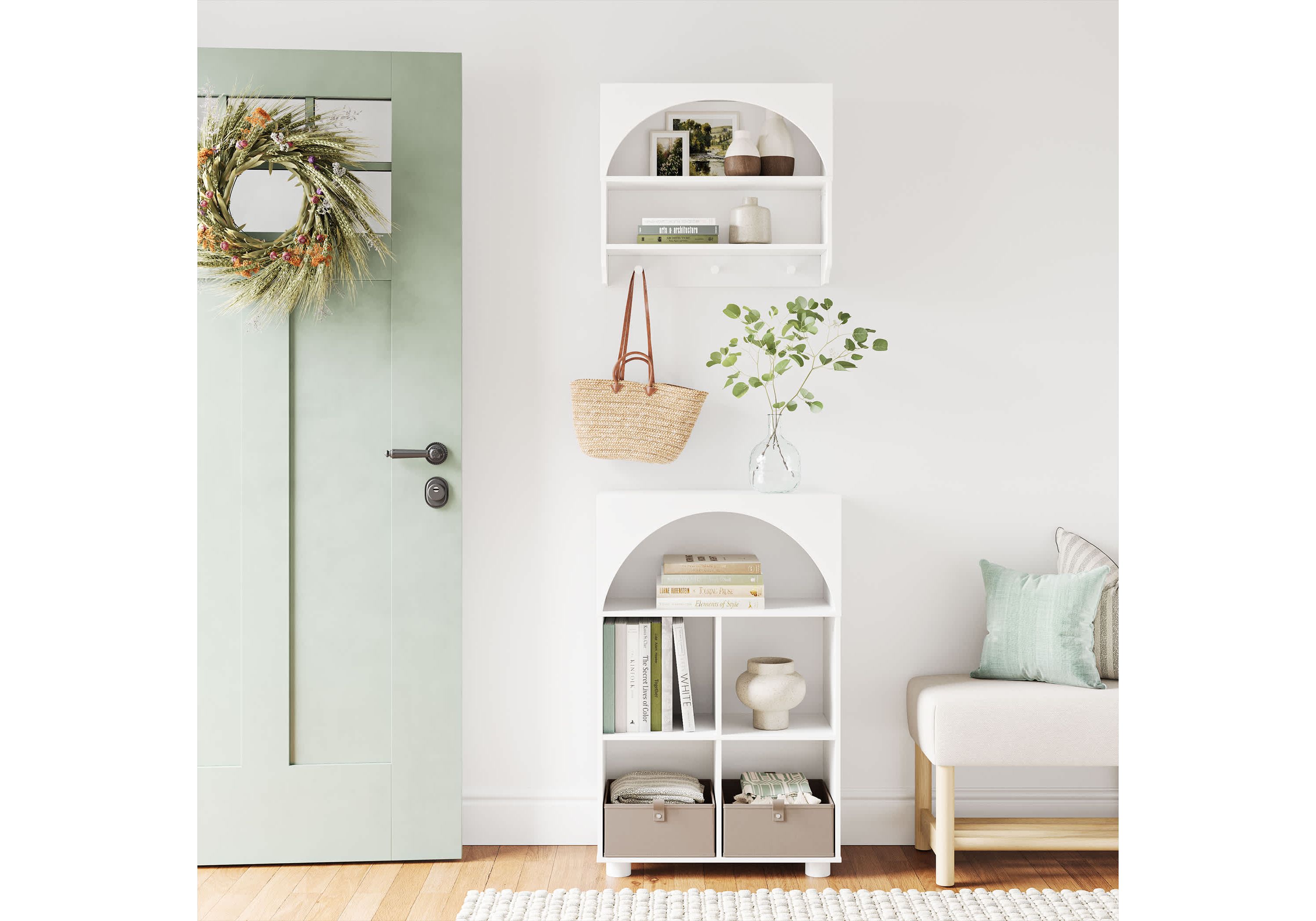 Arched 23" 4 Cubby Entryway Shoe Rack Storage Organizer Cabinet with Shelves - White with 2 Black 5" Fabric Bins