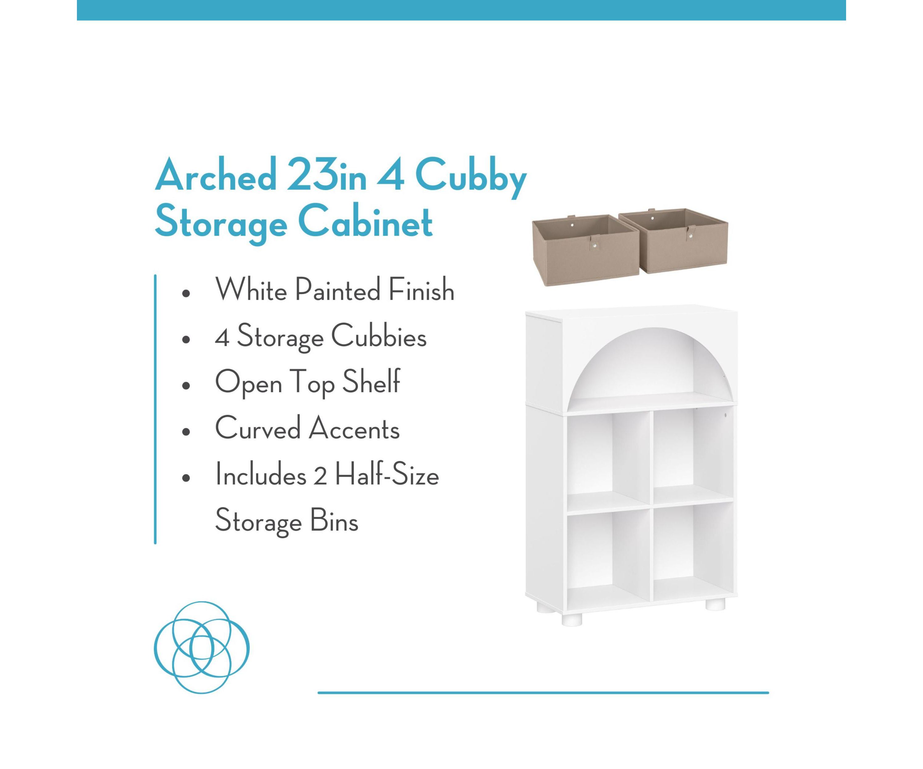 Arched 23" 4 Cubby Entryway Shoe Rack Storage Organizer Cabinet with Shelves - White with 2 Black 5" Fabric Bins