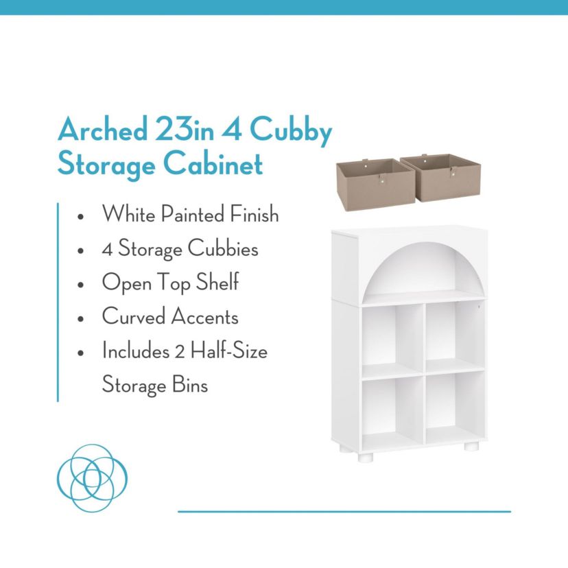 Arched 23" 4 Cubby Entryway Shoe Rack Storage Organizer Cabinet with Shelves - White with 2 Black 5" Fabric Bins