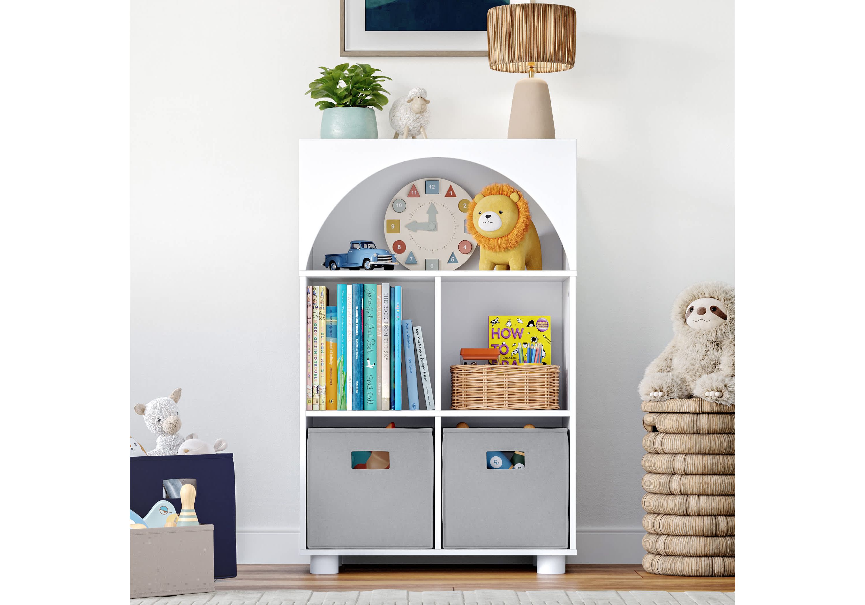 Kids Curve Appeal 23" Bookcase with 4 Cubbies and Arched Design - Sturdy Kids Bookshelf and Toy Storage Organizer for Playroom - White with 2 Taupe Fabric Bins