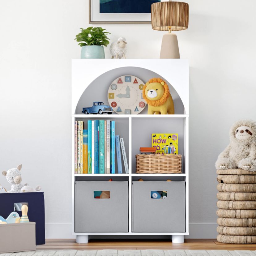 Kids Curve Appeal 23" Bookcase with 4 Cubbies and Arched Design - Sturdy Kids Bookshelf and Toy Storage Organizer for Playroom - White with 2 Taupe Fabric Bins
