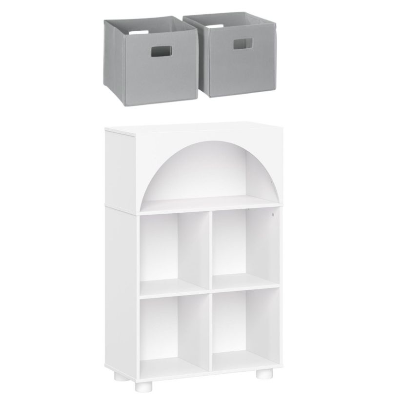 Kids Curve Appeal 23" Bookcase with 4 Cubbies and Arched Design - Sturdy Kids Bookshelf and Toy Storage Organizer for Playroom - White with 2 Taupe Fabric Bins