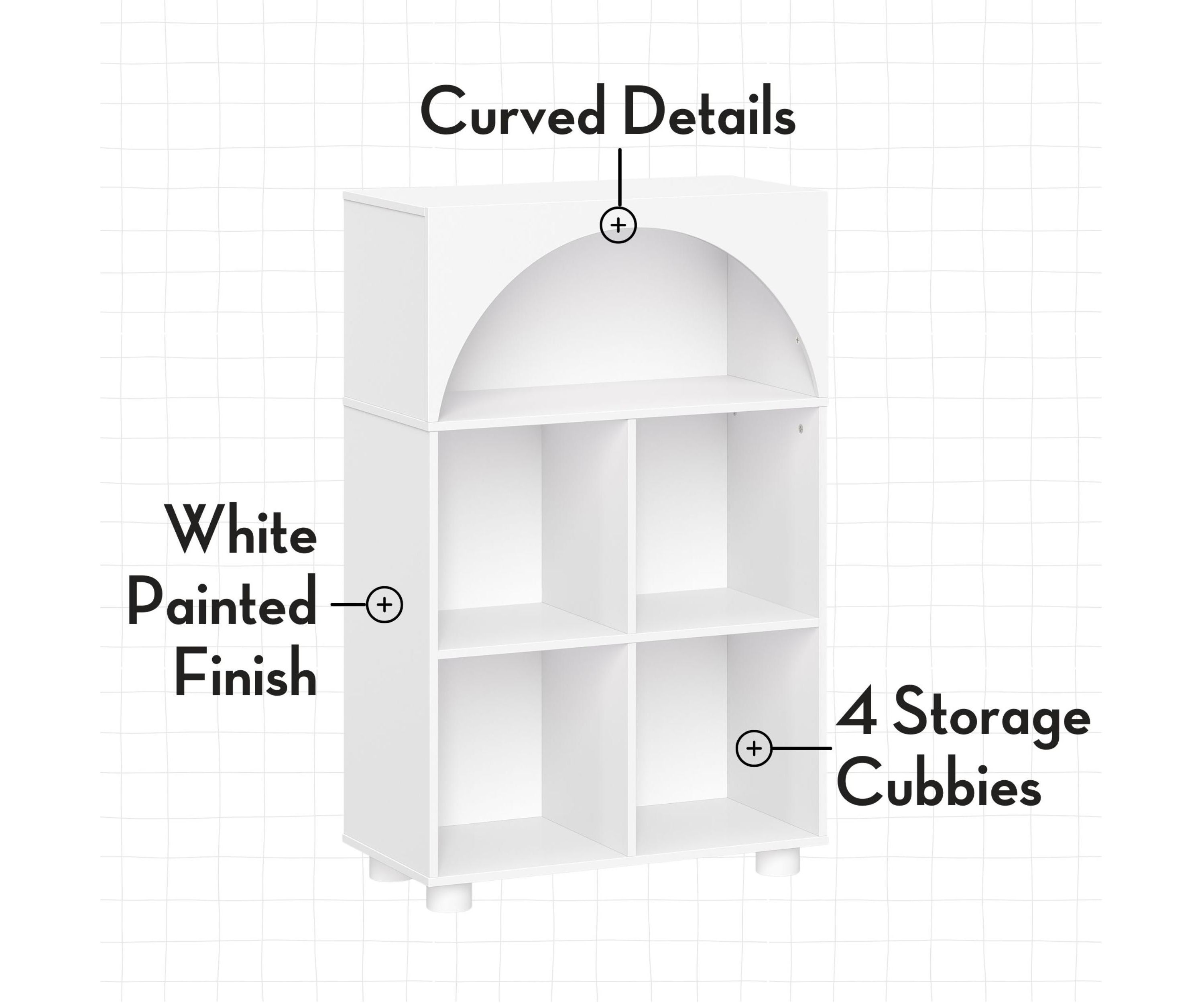 Kids Curve Appeal 23" Bookcase with 4 Cubbies and Arched Design - Sturdy Kids Bookshelf and Toy Storage Organizer for Playroom - White with 2 Taupe Fabric Bins