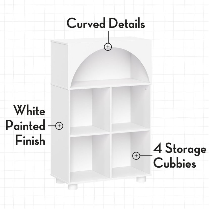 Kids Curve Appeal 23" Bookcase with 4 Cubbies and Arched Design - Sturdy Kids Bookshelf and Toy Storage Organizer for Playroom - White with 2 Taupe Fabric Bins