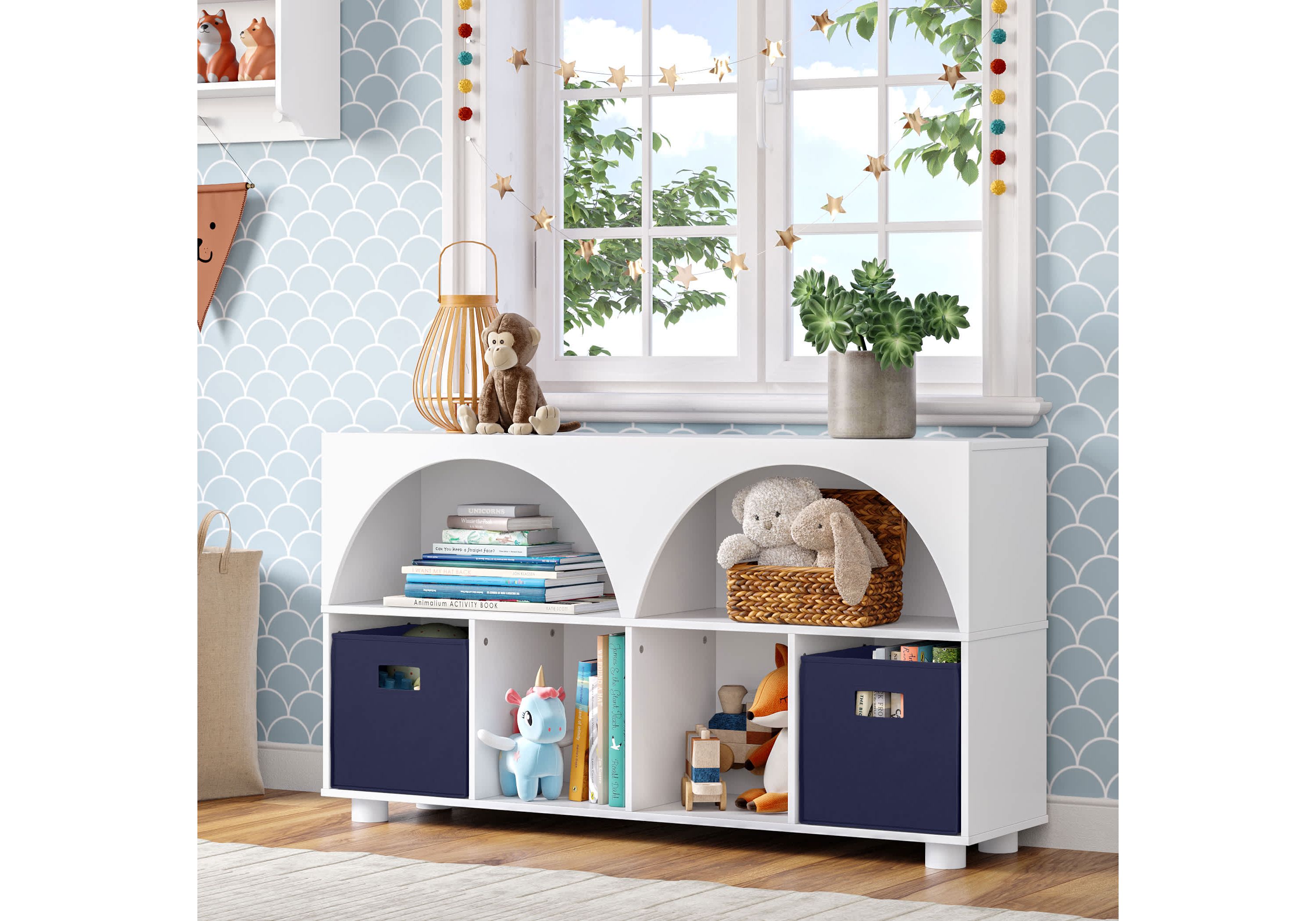 Kids Curve Appeal 46" Bookcase with 4 Cubbies and Arched Design - Sturdy Kids Bookshelf and Toy Organizer for Playroom - White with 2 Taupe Fabric Bins