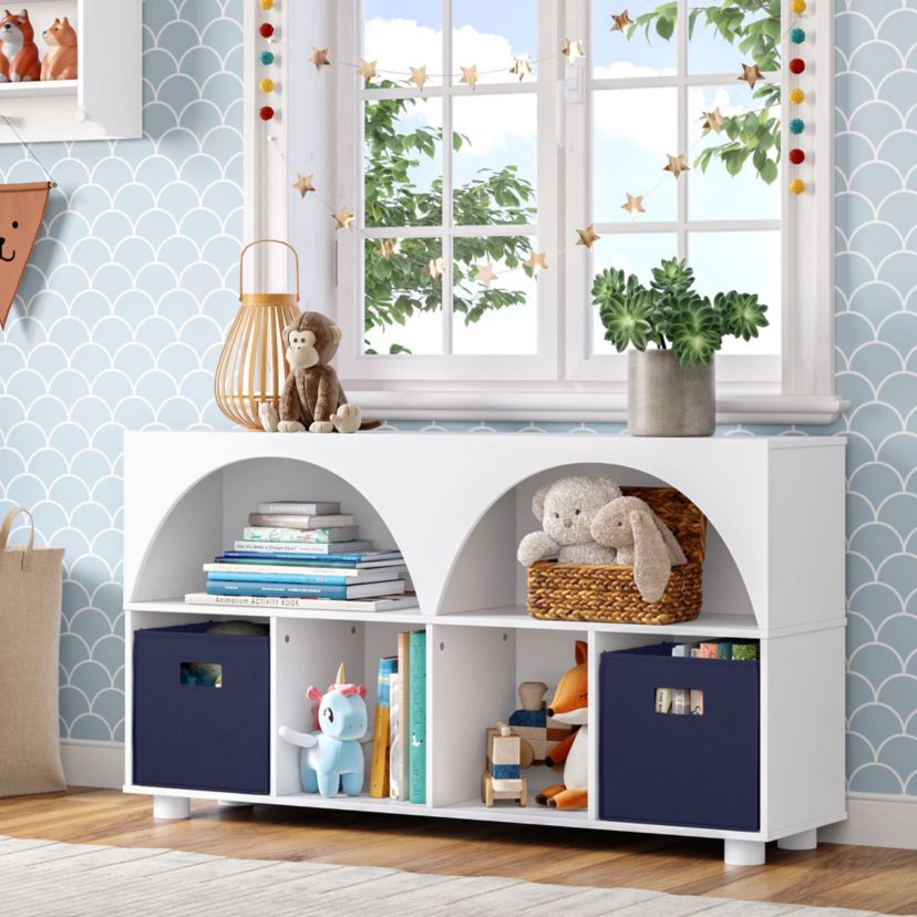 Kids Curve Appeal 46" Bookcase with 4 Cubbies and Arched Design - Sturdy Kids Bookshelf and Toy Organizer for Playroom - White with 2 Taupe Fabric Bins
