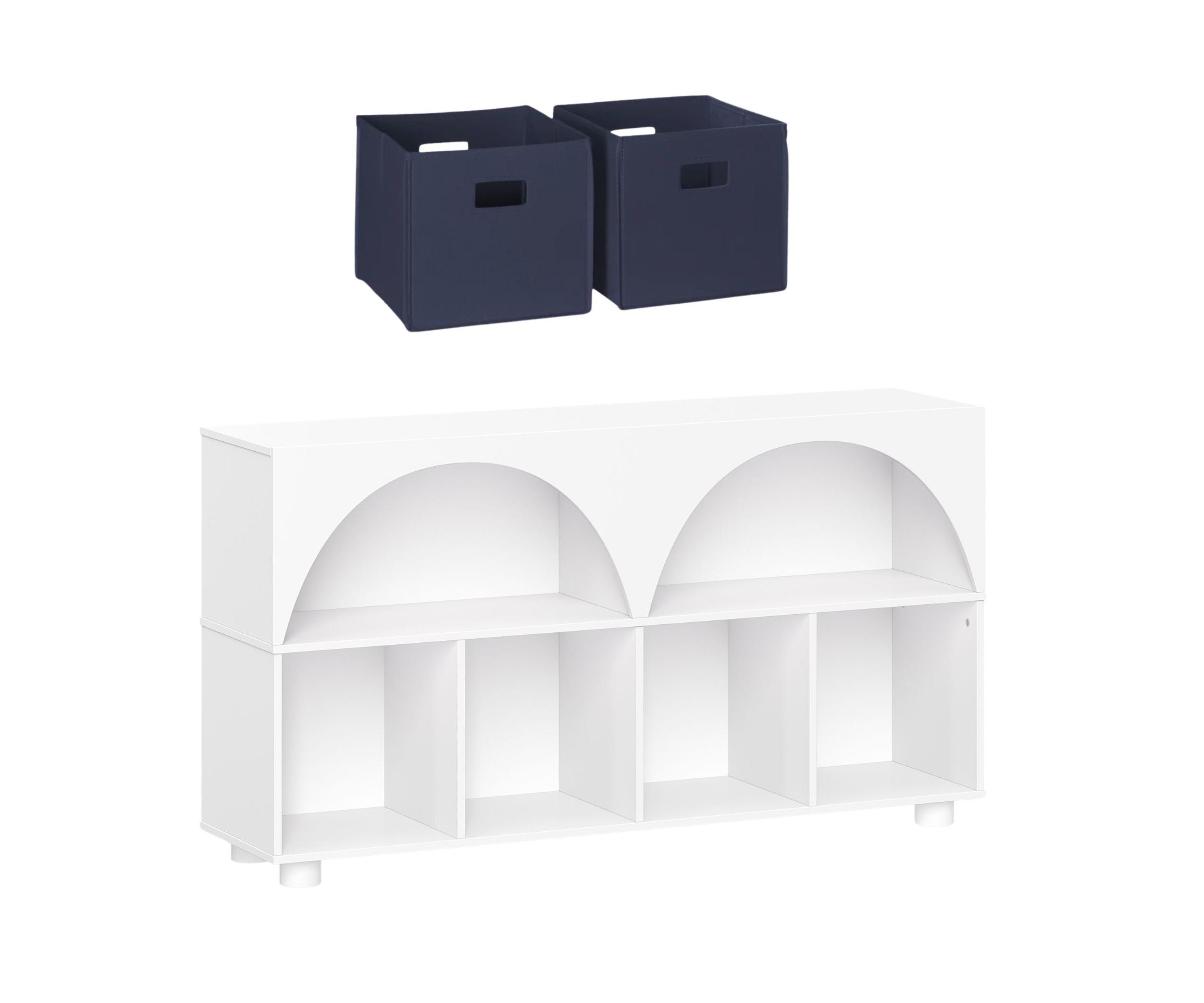 Kids Curve Appeal 46" Bookcase with 4 Cubbies and Arched Design - Sturdy Kids Bookshelf and Toy Organizer for Playroom - White with 2 Taupe Fabric Bins