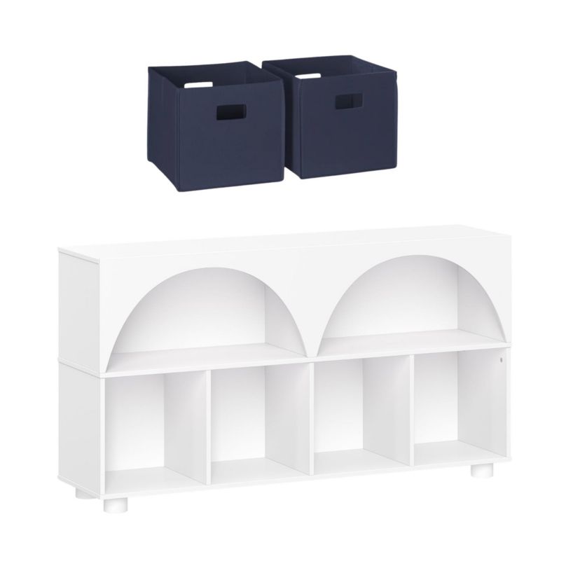 Kids Curve Appeal 46" Bookcase with 4 Cubbies and Arched Design - Sturdy Kids Bookshelf and Toy Organizer for Playroom - White with 2 Taupe Fabric Bins