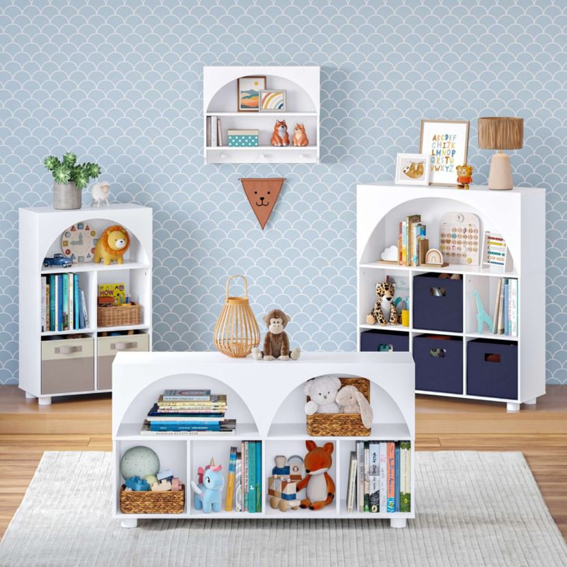 Kids Curve Appeal 46" Bookcase with 4 Cubbies and Arched Design - Sturdy Kids Bookshelf and Toy Organizer for Playroom - White with 2 Taupe Fabric Bins