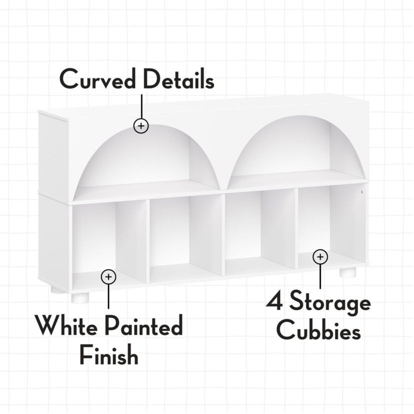 Kids Curve Appeal 46" Bookcase with 4 Cubbies and Arched Design - Sturdy Kids Bookshelf and Toy Organizer for Playroom - White with 2 Taupe Fabric Bins