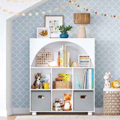 RiverRidge Home Kids Curve Appeal 35" Bookcase with 6 Cubbies and Arched Design - Sturdy Kids Bookshelf and Toy Organizer for Playroom - White with 2