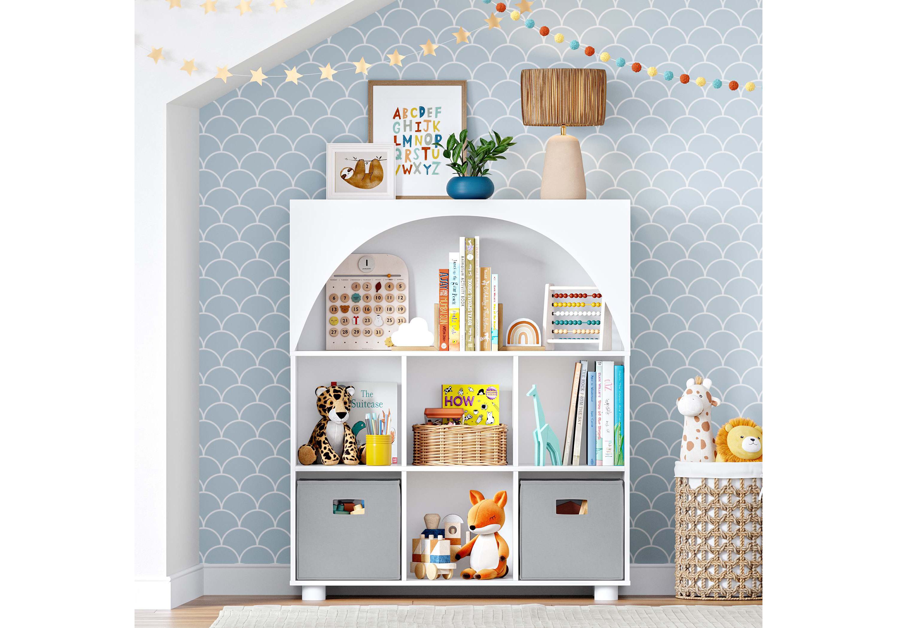 Kids Curve Appeal 35" Bookcase with 6 Cubbies and Arched Design - Sturdy Kids Bookshelf and Toy Organizer for Playroom - White with 2 Navy Fabric Bins