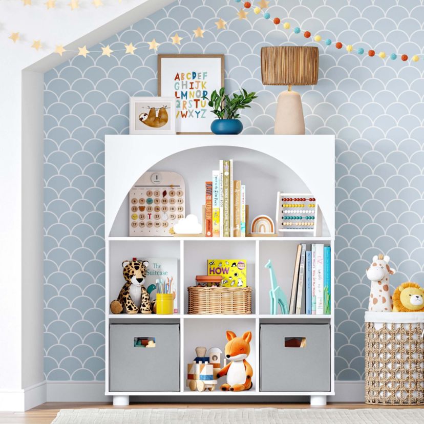 Kids Curve Appeal 35" Bookcase with 6 Cubbies and Arched Design - Sturdy Kids Bookshelf and Toy Organizer for Playroom - White with 2 Navy Fabric Bins