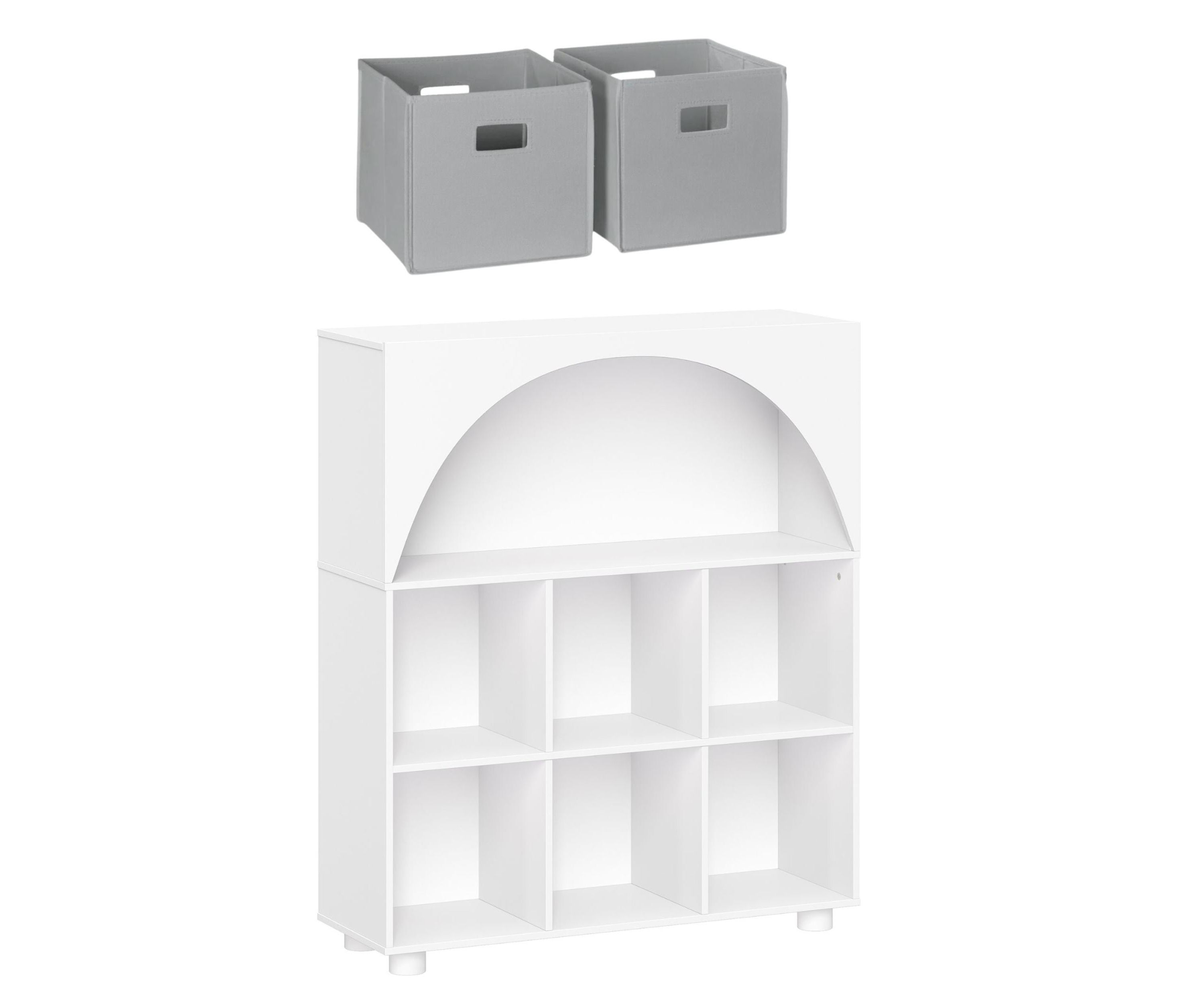 Kids Curve Appeal 35" Bookcase with 6 Cubbies and Arched Design - Sturdy Kids Bookshelf and Toy Organizer for Playroom - White with 2 Navy Fabric Bins