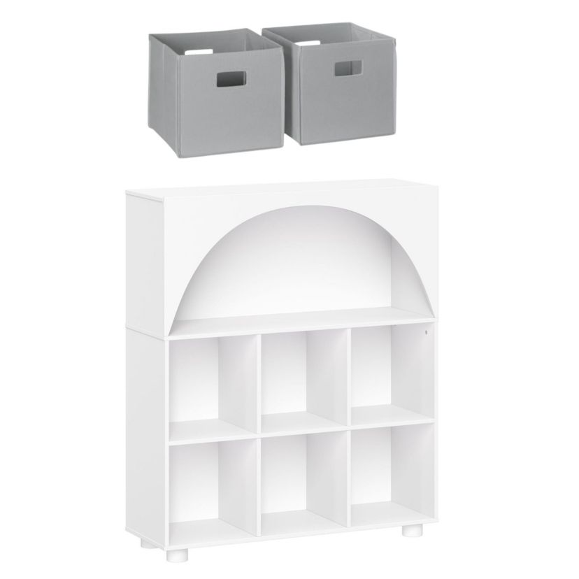 Kids Curve Appeal 35" Bookcase with 6 Cubbies and Arched Design - Sturdy Kids Bookshelf and Toy Organizer for Playroom - White with 2 Navy Fabric Bins