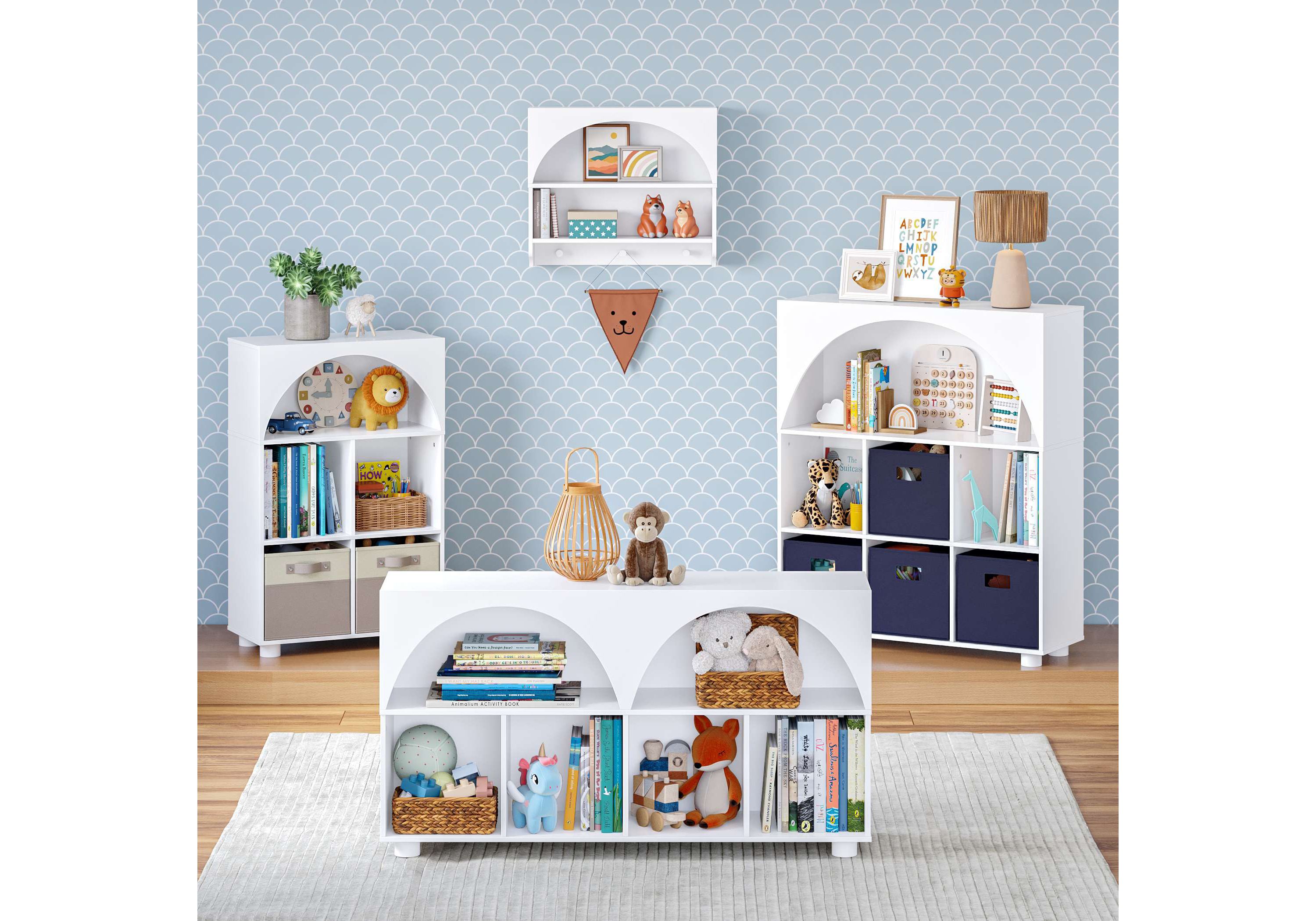 Kids Curve Appeal 35" Bookcase with 6 Cubbies and Arched Design - Sturdy Kids Bookshelf and Toy Organizer for Playroom - White with 2 Navy Fabric Bins
