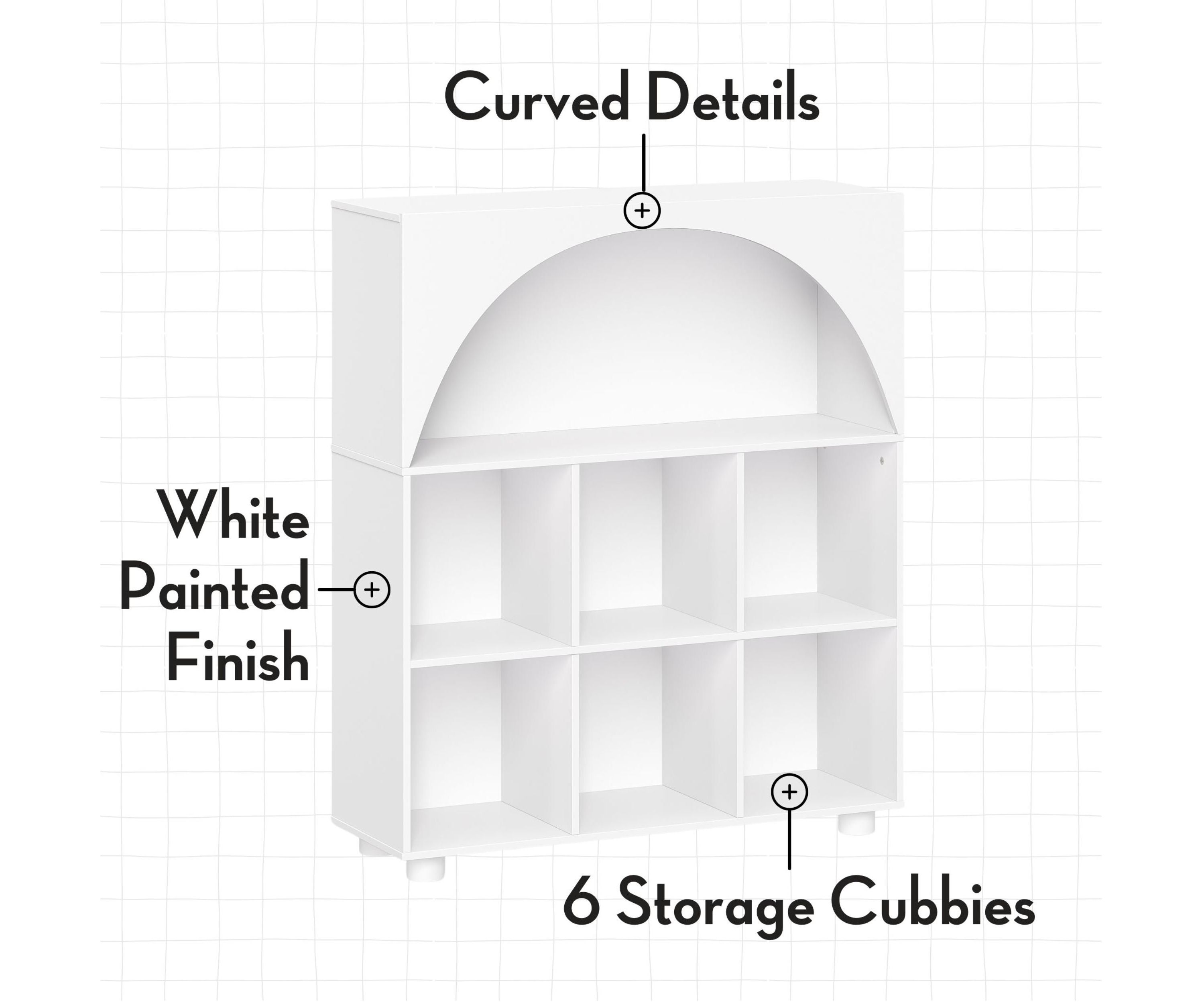 Kids Curve Appeal 35" Bookcase with 6 Cubbies and Arched Design - Sturdy Kids Bookshelf and Toy Organizer for Playroom - White with 2 Navy Fabric Bins