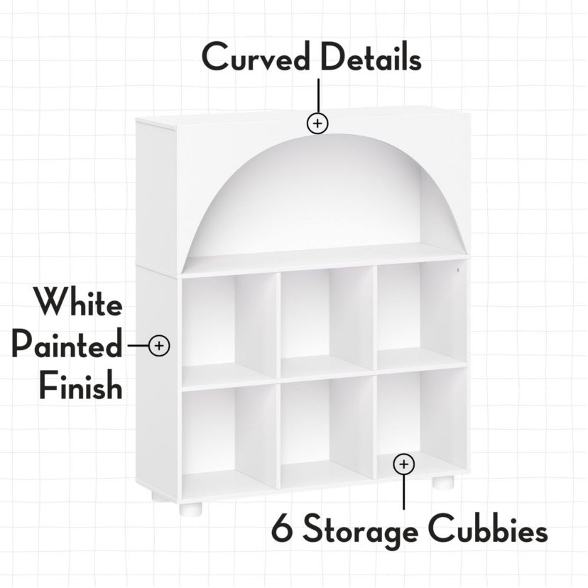 Kids Curve Appeal 35" Bookcase with 6 Cubbies and Arched Design - Sturdy Kids Bookshelf and Toy Organizer for Playroom - White with 2 Navy Fabric Bins