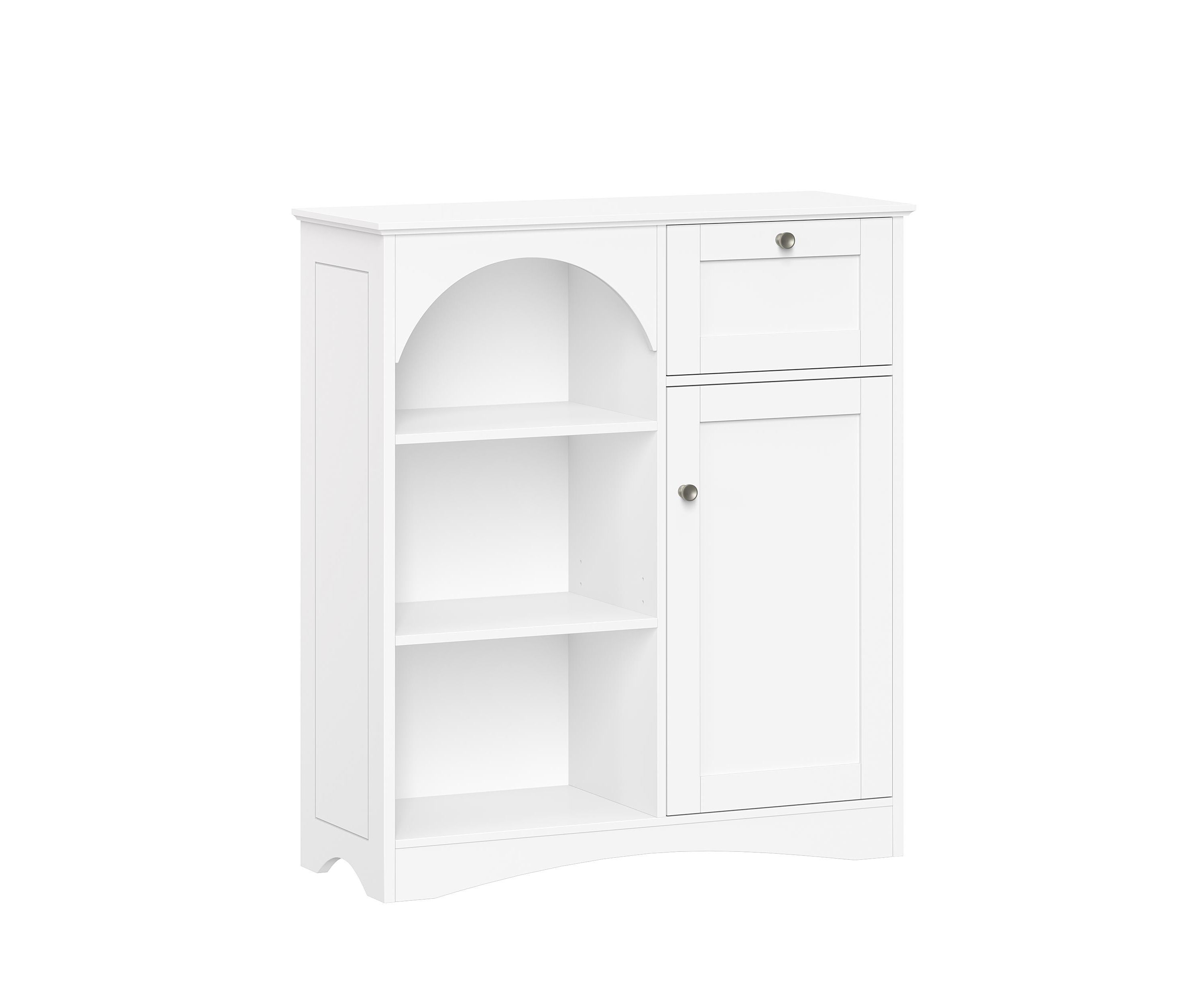 Kitchen Buffet Sideboard Coffee Bar Storage Cabinet with 1 Door, 1 Drawer, with Open and Adjustable Arched Pantry Shelves - White