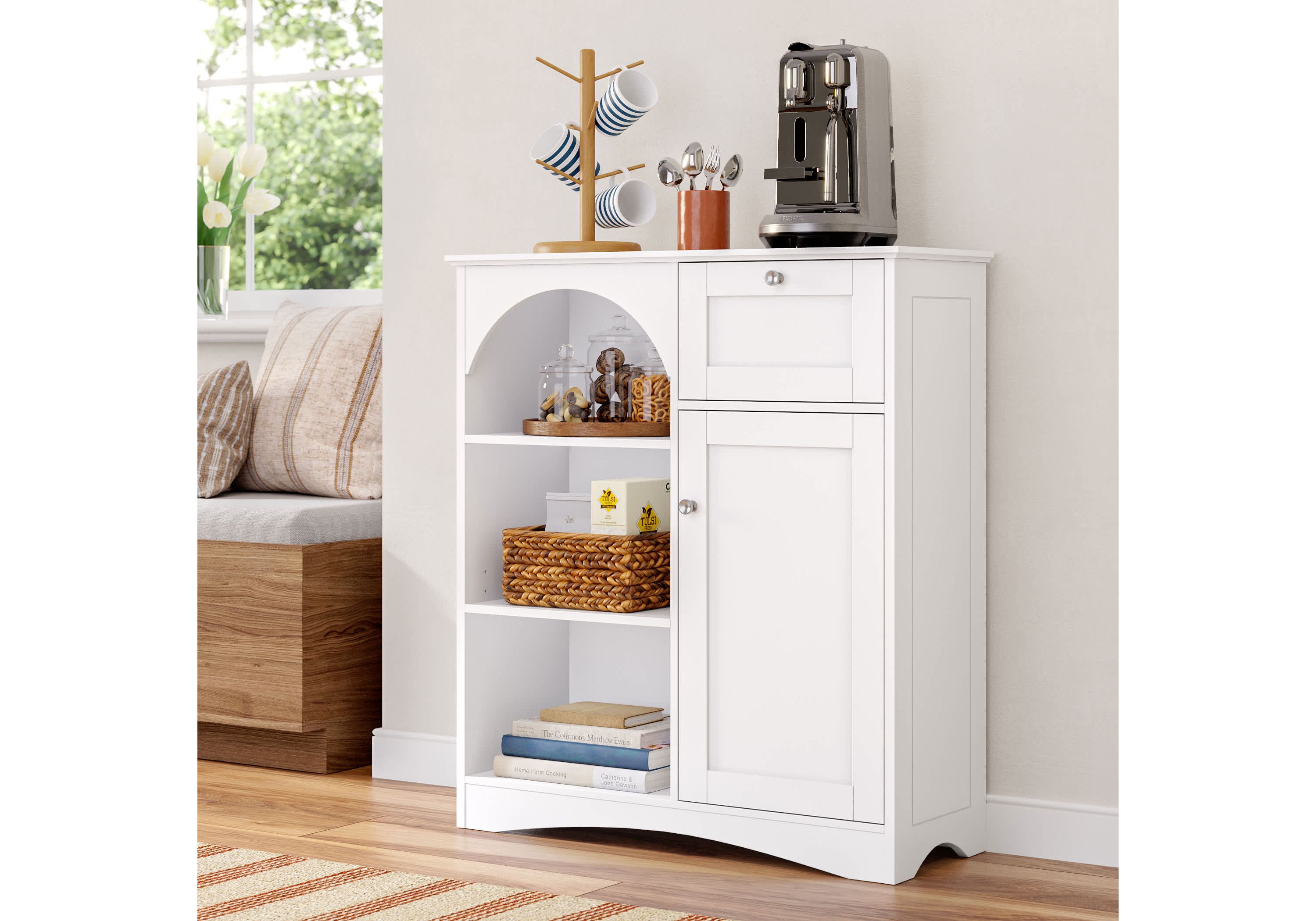 Kitchen Buffet Sideboard Coffee Bar Storage Cabinet with 1 Door, 1 Drawer, with Open and Adjustable Arched Pantry Shelves - White